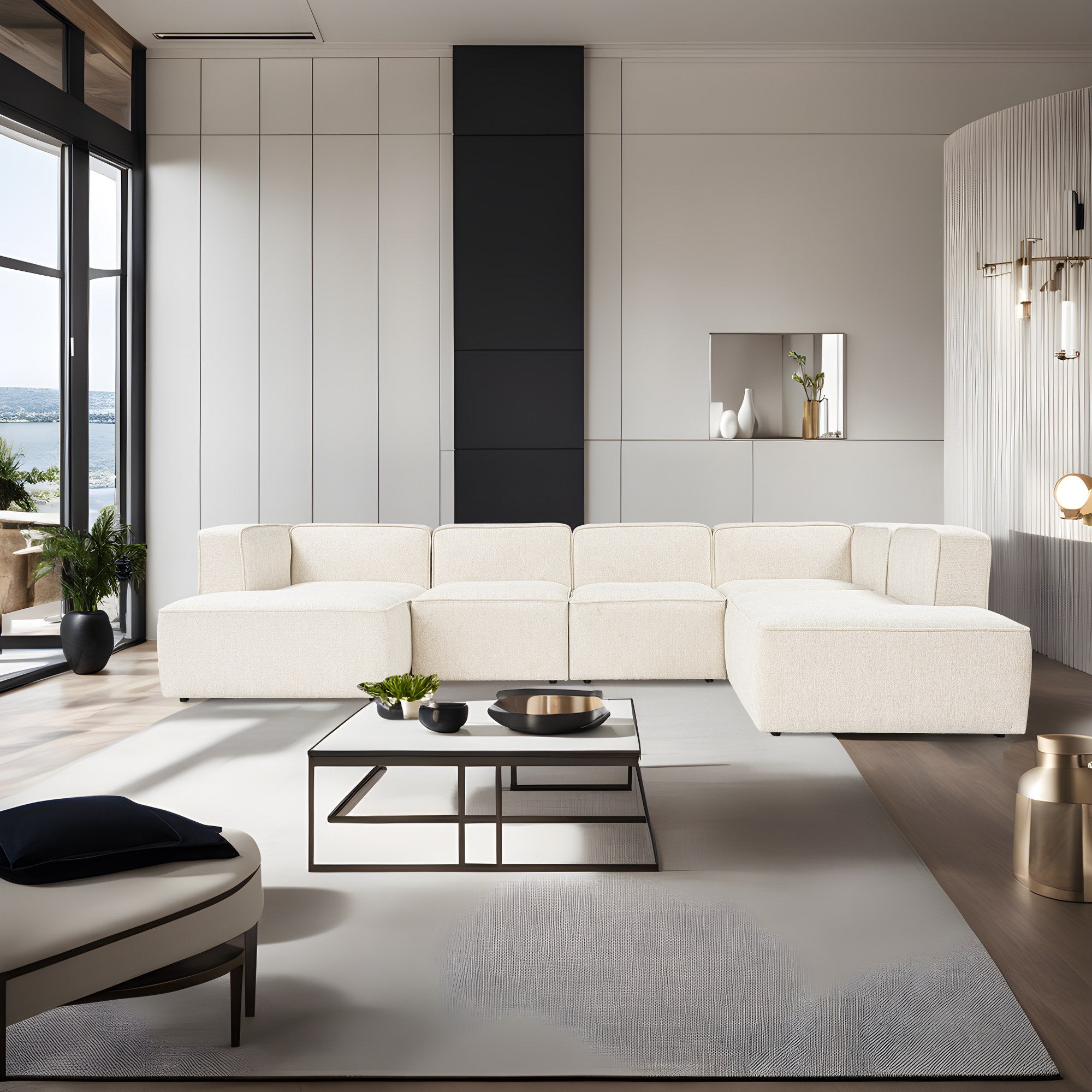 Sofá de canto elegante em creme, estrutura de madeira de faia, 320 cm de largura, 69 cm de altura, 90 cm de profundidade | Espuma DNS 30, pernas de plástico | Perfeito para espaços modernos