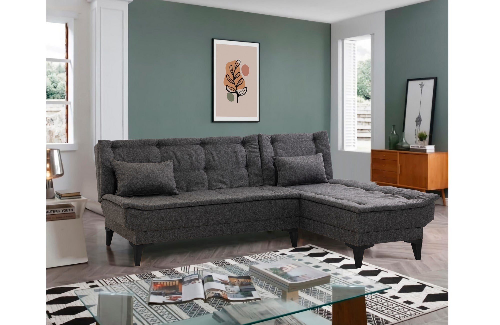 Sofá-cama de canto elegante, antracite, 225 x 85 x 86 cm | Estrutura 100% madeira de carpa, tecido 100% linho, espuma 28 DNS | Perfeito para espaços de convivência modernos
