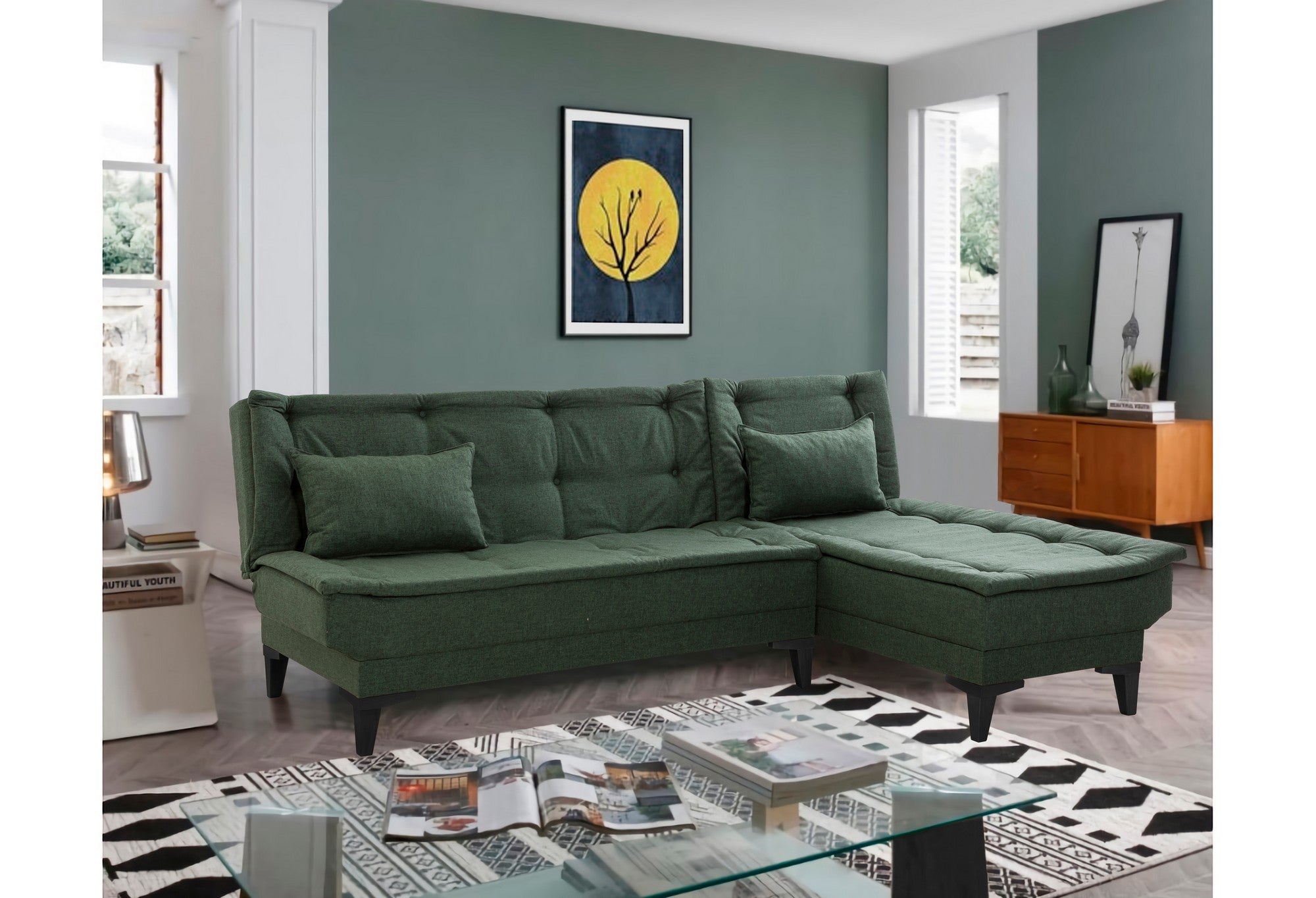 Sofá-cama de canto elegante, estrutura 100% madeira de carpa, tecido 100% linho, 225 cm de largura, espuma 28 DNS, pernas de madeira | Perfeito para espaços modernos