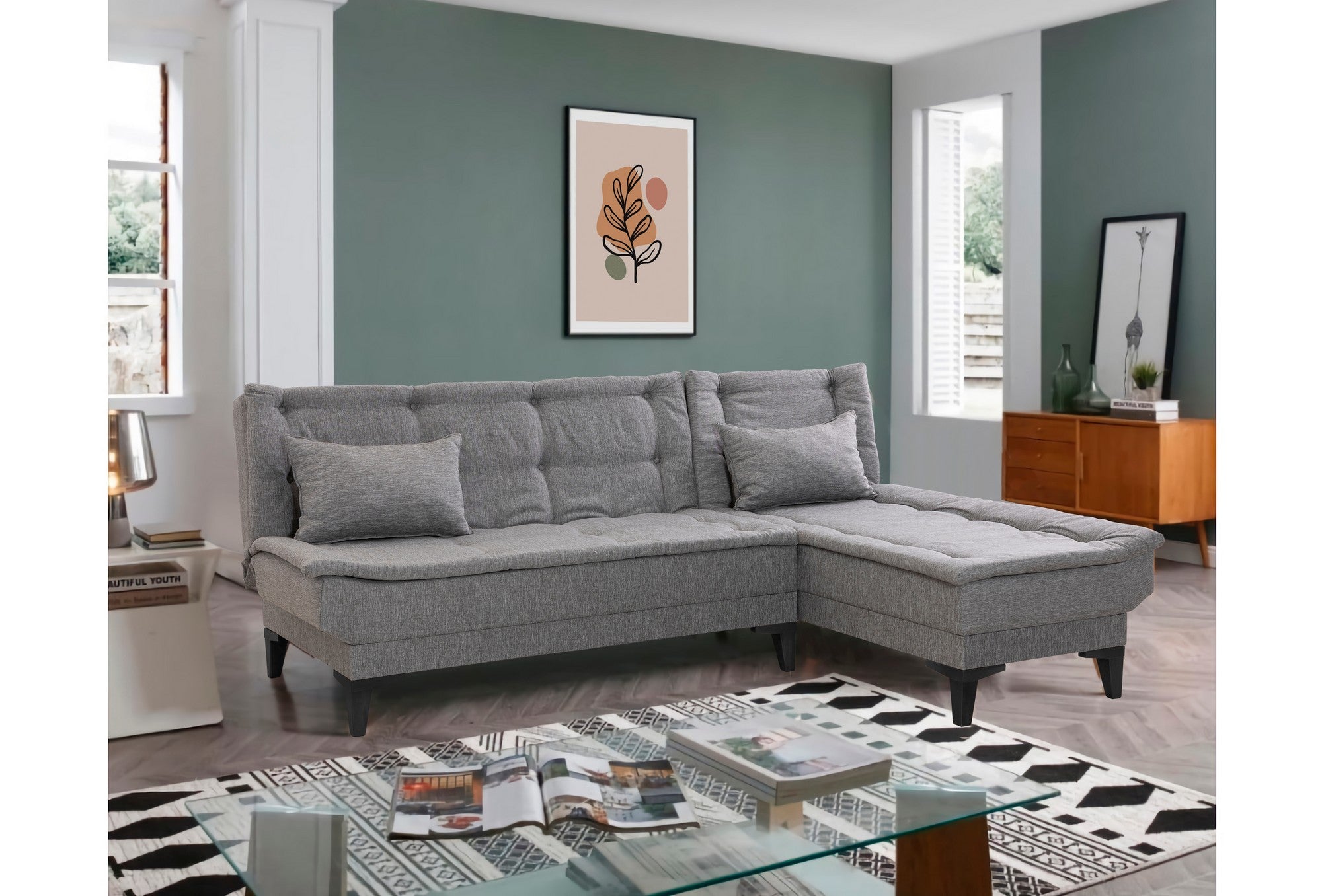 Sofá-cama de canto elegante, cinza, 225 cm | Estrutura 100% madeira de carpa, tecido 100% linho, espuma 28 DNS | Perfeito para salas de estar modernas e espaços para hóspedes