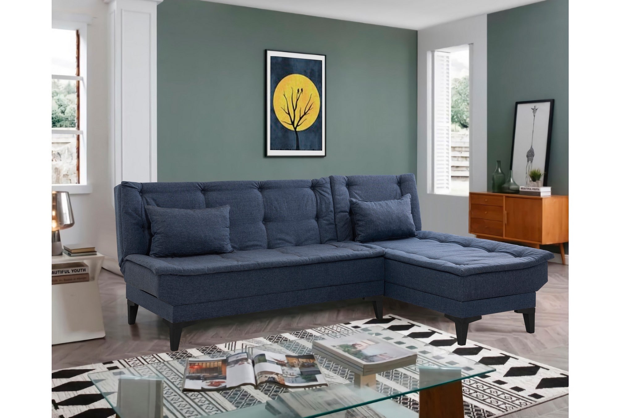 Sofá-cama de canto elegante, azul-marinho, 225 x 85 x 86 cm | Estrutura 100% madeira de carpa, tecido 100% linho, espuma 28 DNS | Perfeito para salas de estar modernas e quartos de hóspedes