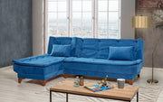 Sofá-cama de canto elegante em azul escuro, estrutura de madeira de pinho, tecido 100% Soho, espuma 28 DNS, 225 x 160 cm | Perfeito para salas de estar modernas e espaços para hóspedes