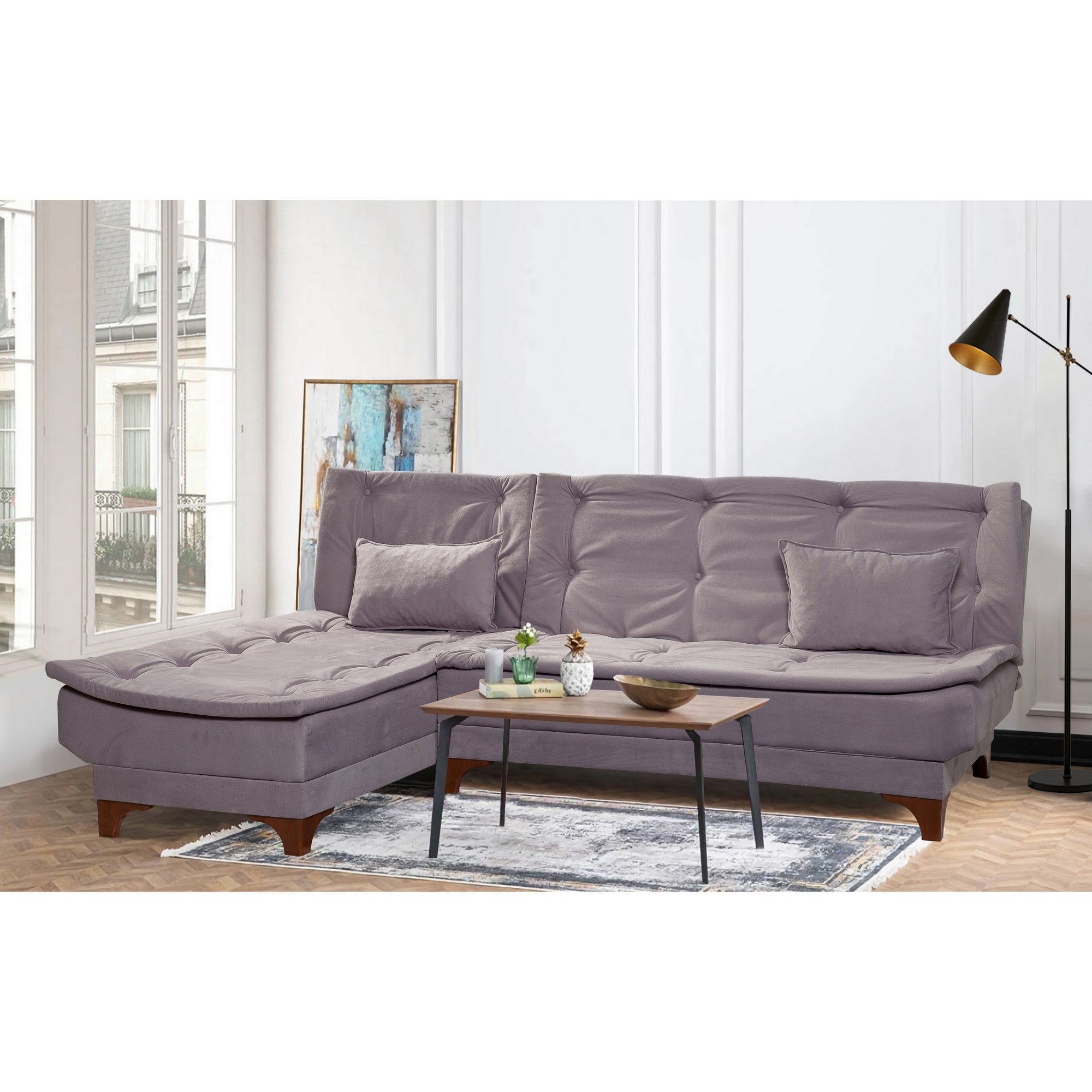 Sofá-cama de canto cinza elegante, estrutura de madeira de pinho, tecido 100% Soho, espuma 28 DNS, 225 x 160 cm | Perfeito para salas de estar modernas e espaços para hóspedes