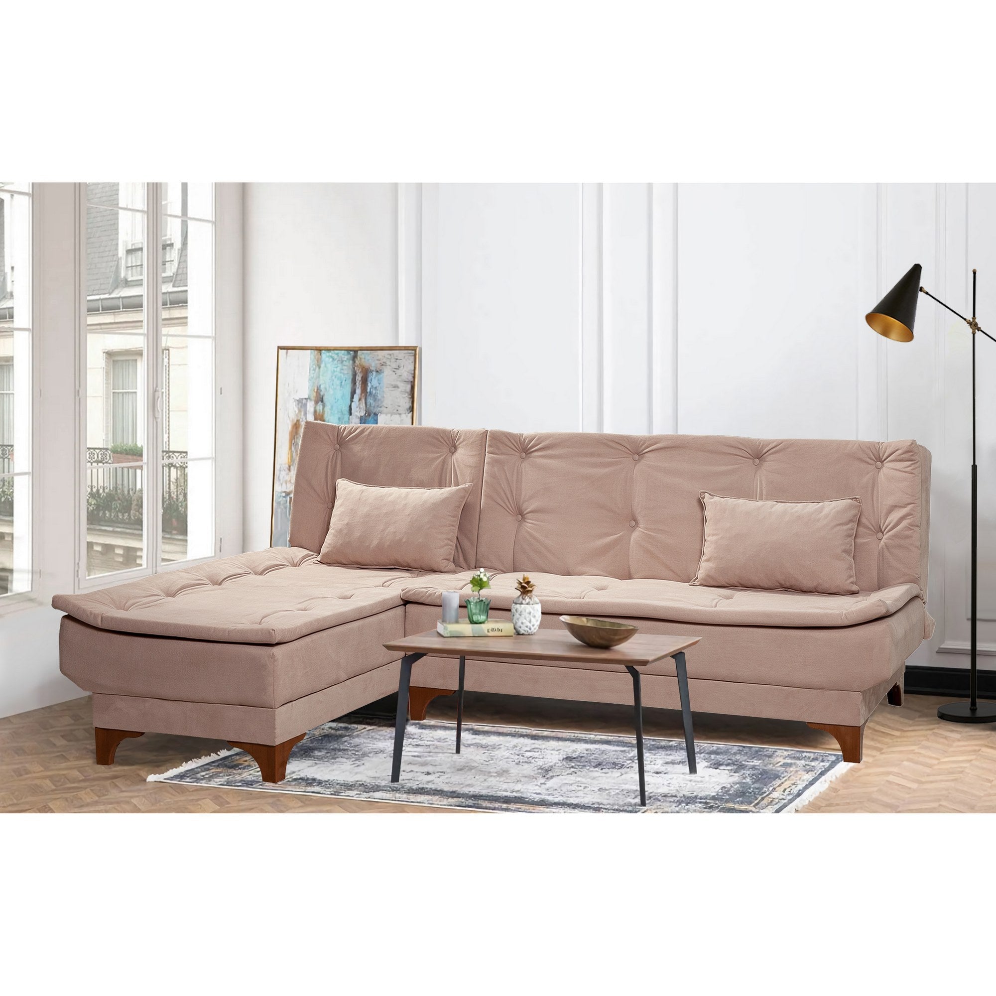 Sofá-cama de canto elegante, cor de rocha, 225 x 160 x 86 cm | Estrutura de madeira de pinho, tecido 100% Soho, espuma 28 DNS | Perfeito para espaços de convivência modernos