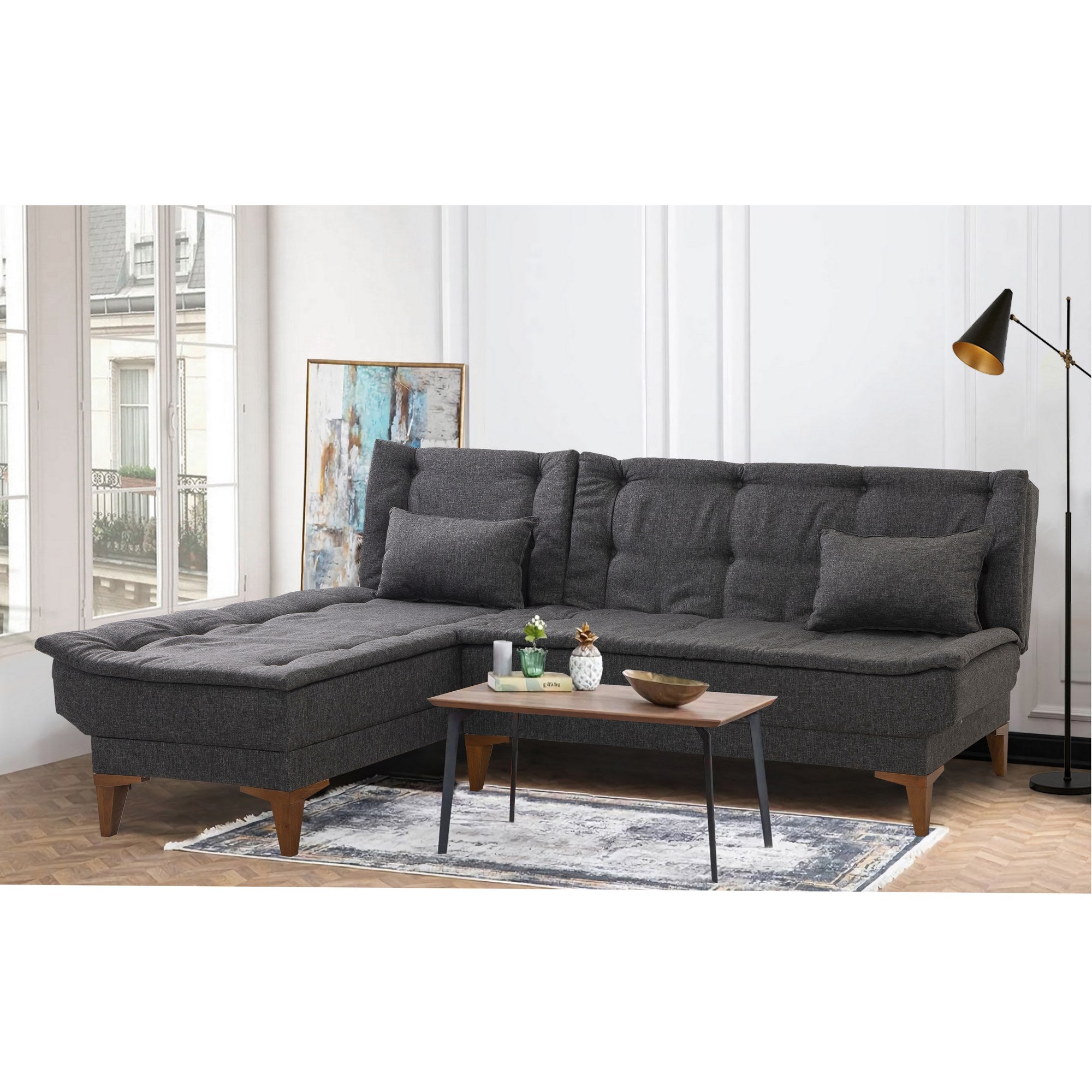 Sofá-cama de canto elegante, antracite, 225 cm | Estrutura em madeira de faia, tecido 100% linho, espuma 28 DNS | Perfeito para salas de estar modernas e quartos de hóspedes