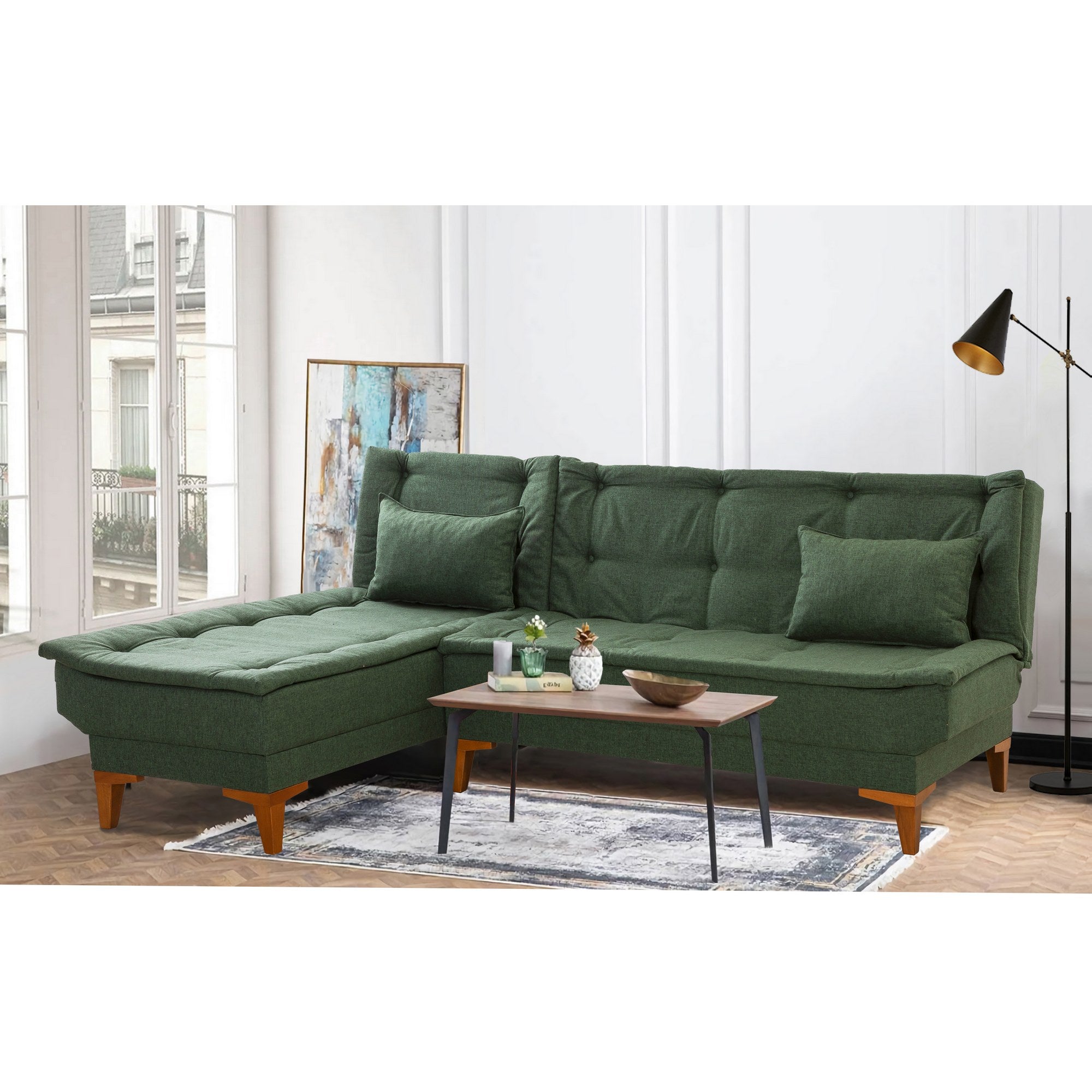 Sofá-cama de canto elegante, estrutura de madeira de faia, tecido 100% linho, 225 cm de largura, espuma 28 DNS, perfeito para salas de estar modernas e quartos de hóspedes