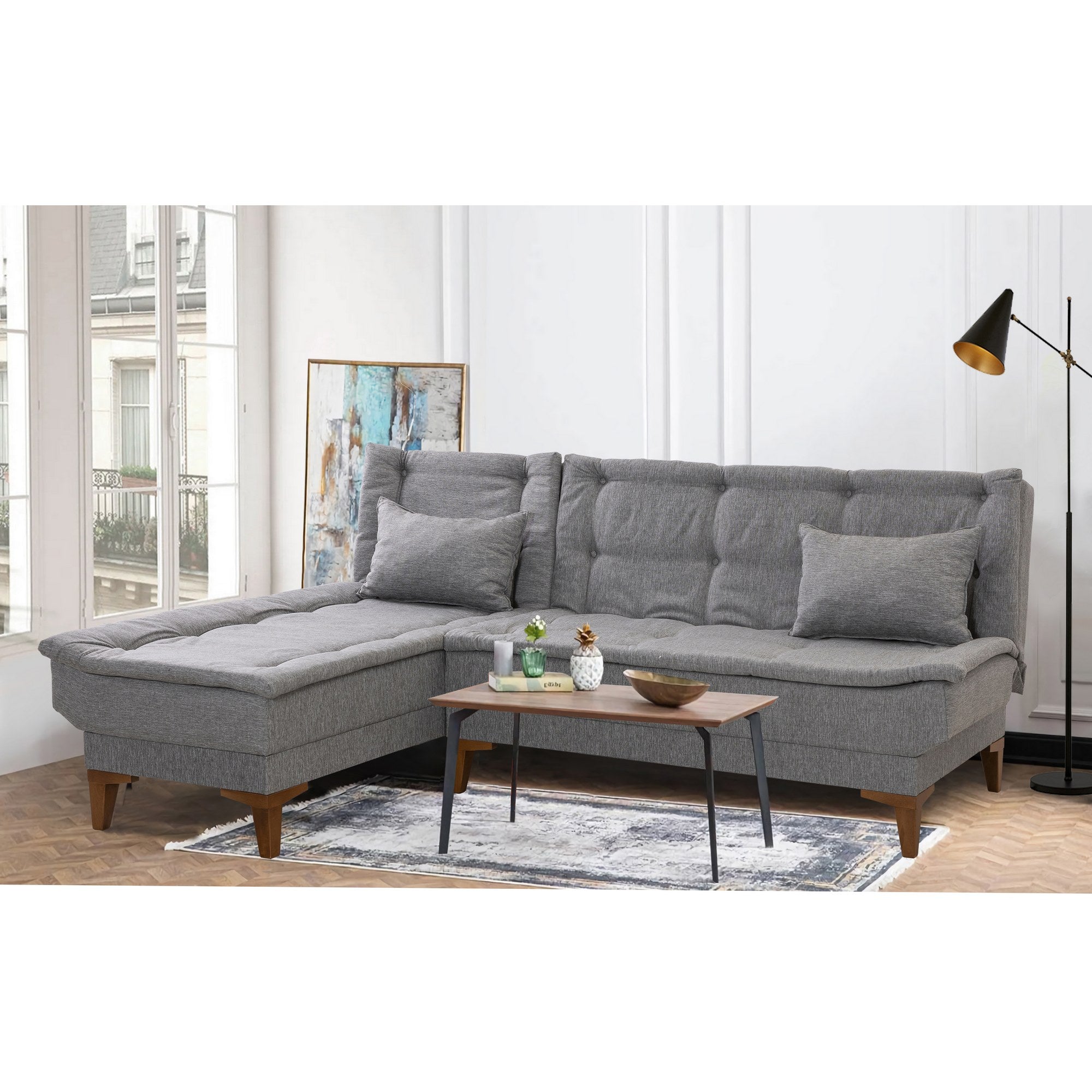 Sofá-cama de canto elegante, tecido de linho cinza, estrutura de madeira de faia, 225 cm | Espuma 28 DNS para maior conforto | Perfeito para salas de estar modernas e quartos de hóspedes