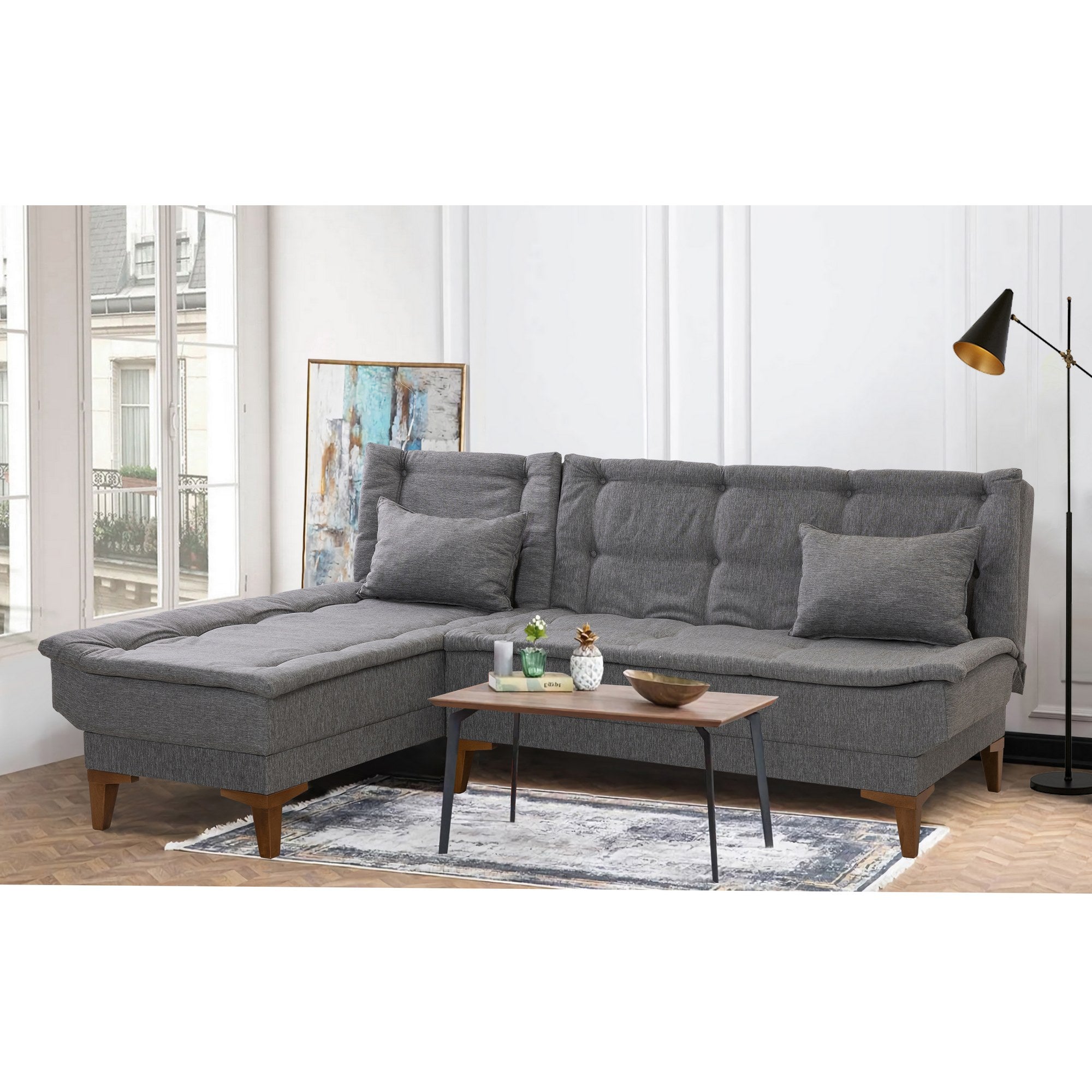 Sofá-cama de canto elegante, cinza escuro, 225 cm | Estrutura em madeira de faia, tecido 100% linho, espuma 28 DNS | Perfeito para salas de estar modernas e quartos de hóspedes