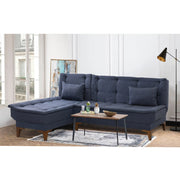 Sofá-cama de canto elegante em azul escuro, estrutura de madeira de faia, tecido 100% linho, 225 cm de largura, espuma 28 DNS, perfeito para salas de estar modernas e espaços para hóspedes
