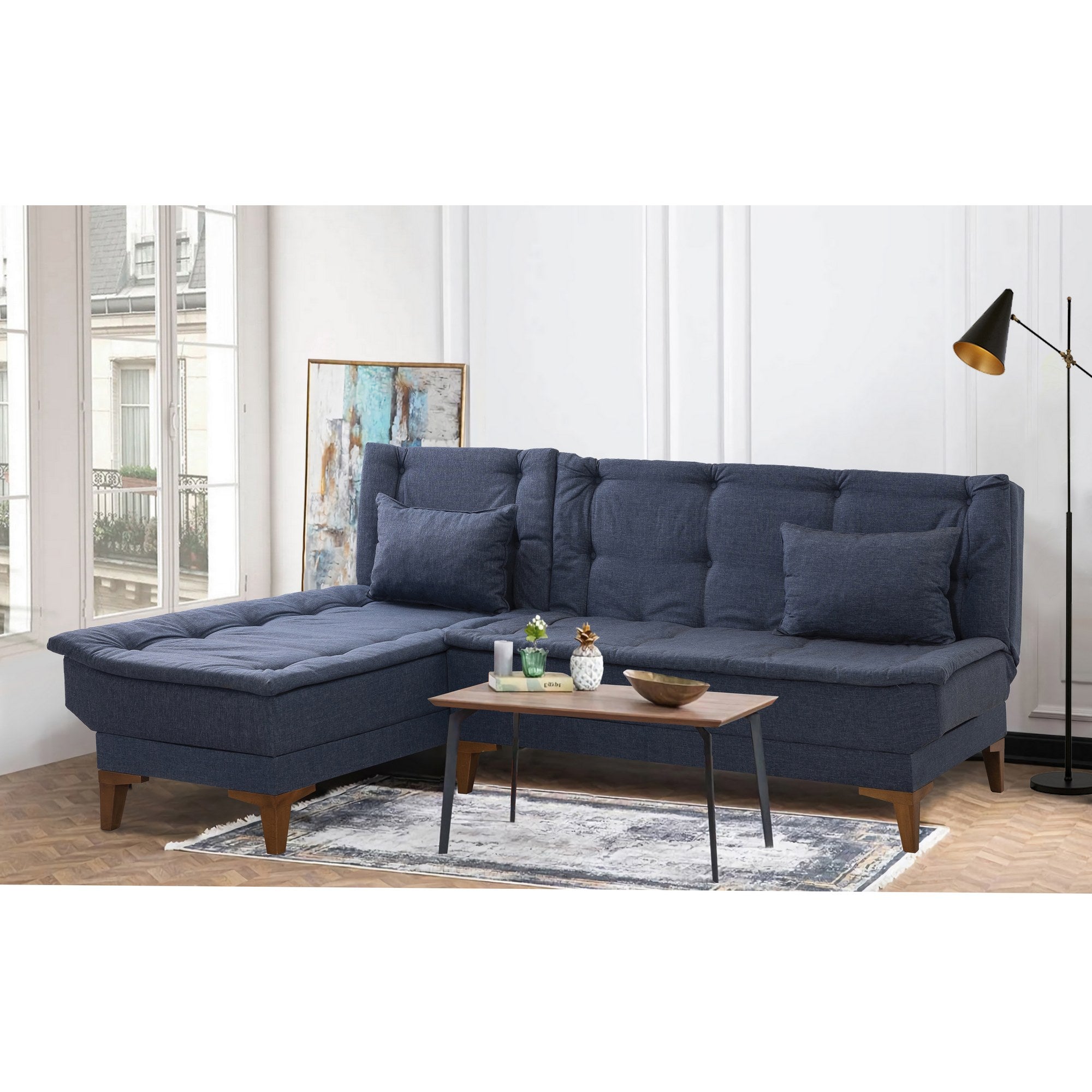 Sofá-cama de canto elegante em azul escuro, estrutura de madeira de faia, tecido 100% linho, 225 cm de largura, espuma 28 DNS, perfeito para salas de estar modernas e espaços para hóspedes