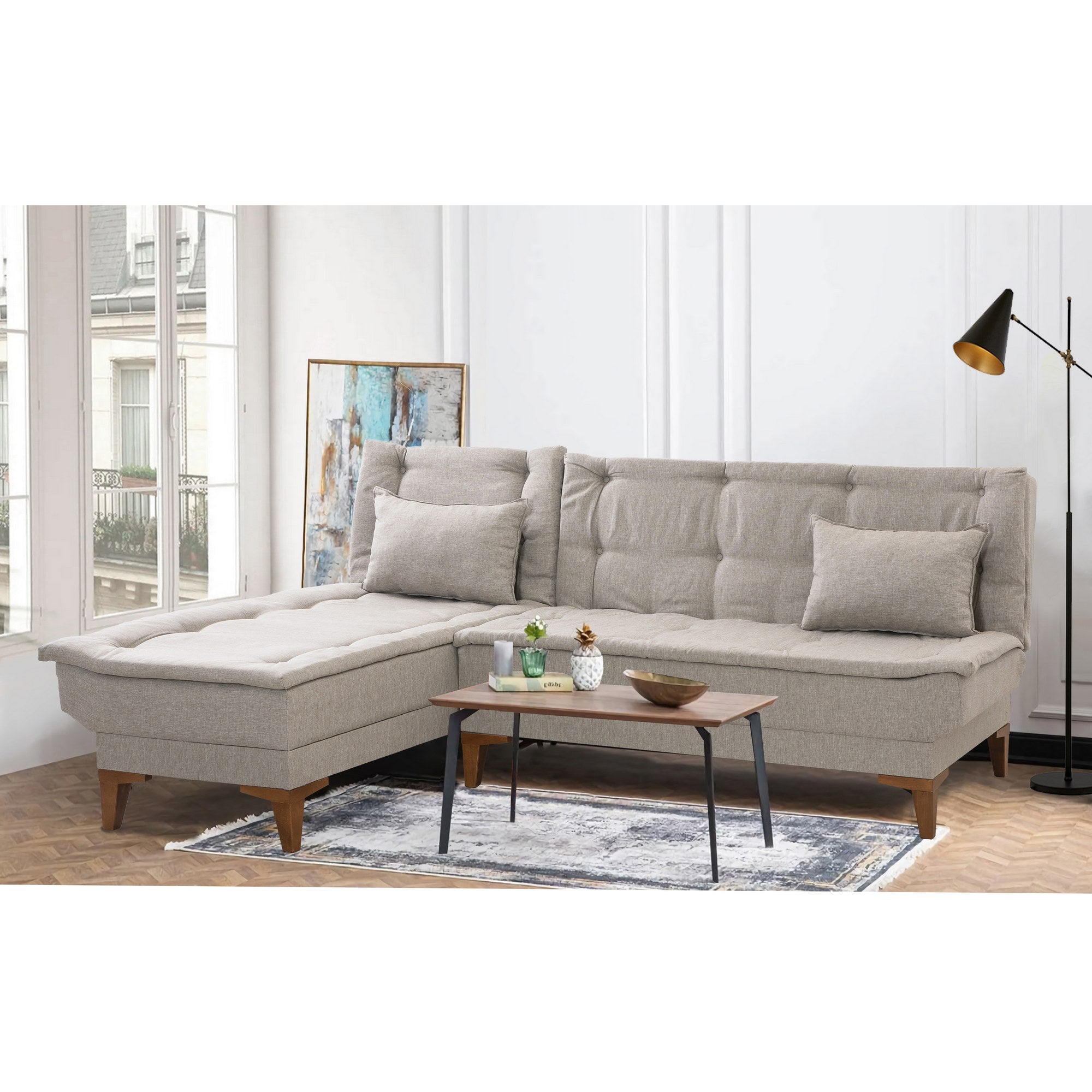 Sofá-cama de canto elegante, tecido de linho creme, estrutura de madeira de faia, 225 cm | 28 DNS Foam Comfort, elegante e funcional para espaços de convivência modernos