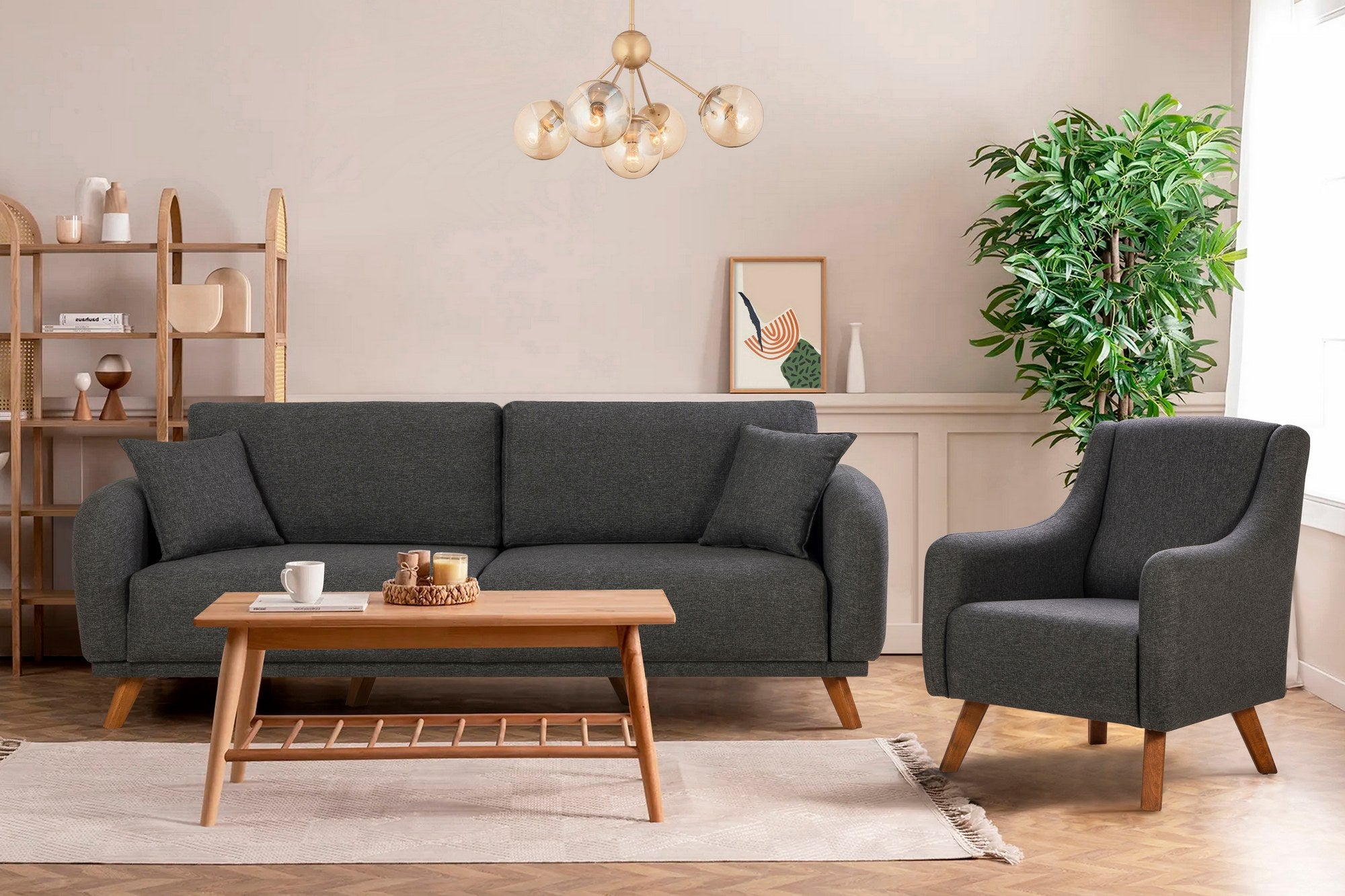 Conjunto de sofá-cama elegante, antracite, estrutura de madeira de faia, tecido 100% linho, sofá de 3 lugares (237 cm) e poltrona (81 cm) | Design confortável e versátil