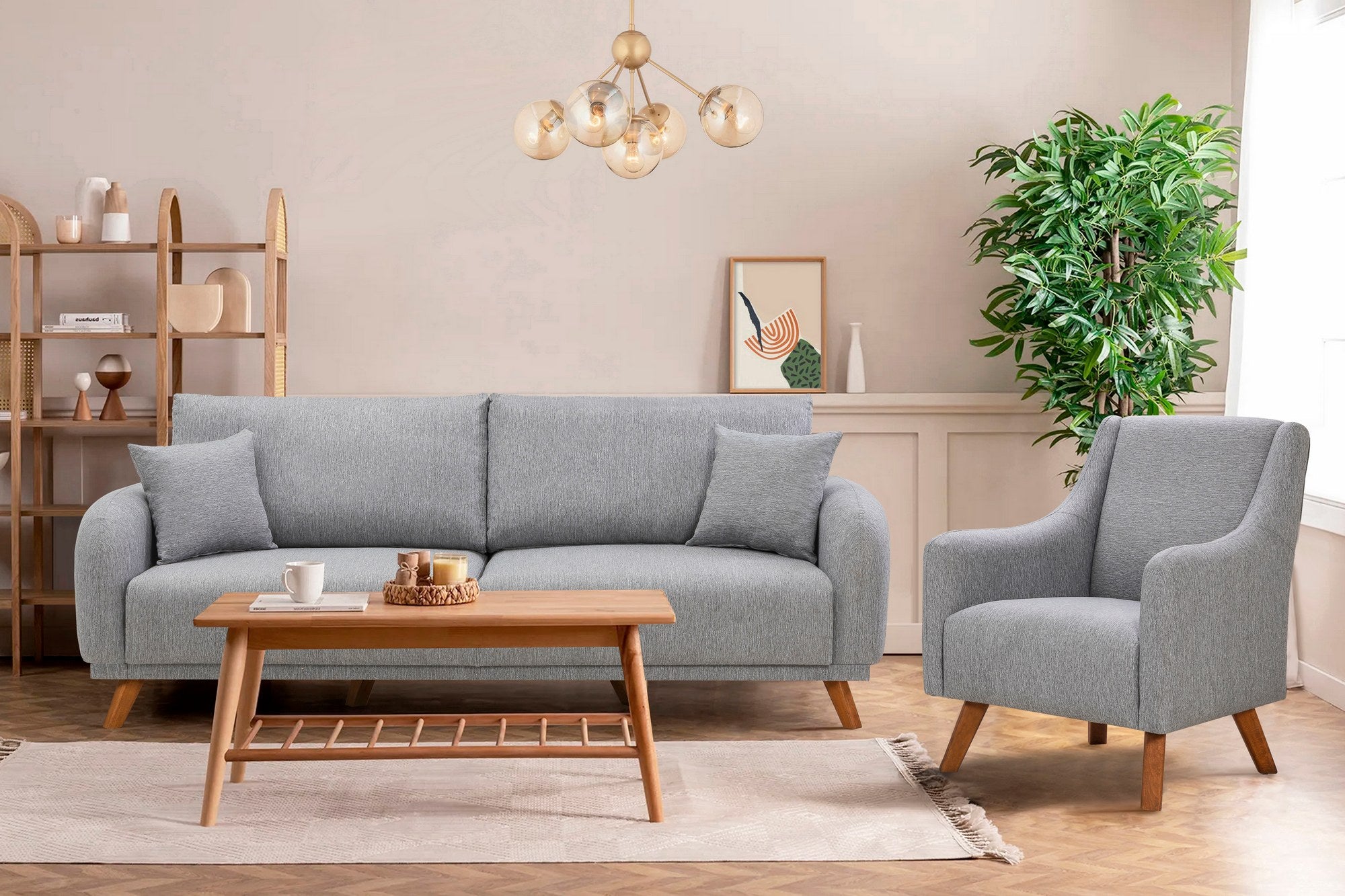 Elegante conjunto de sofá-cama cinza, estrutura de madeira de faia, tecido 100% linho, sofá de 3 lugares (237 cm) e poltrona (81 cm) | Confortável e elegante para espaços modernos