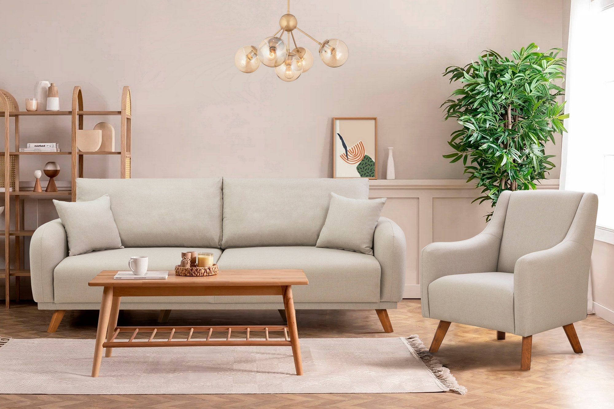 Elegante conjunto de sofá-cama creme com estrutura de madeira de faia e tecido 100% linho | Sofá de 3 lugares (237 cm) e poltrona (81 cm) | Confortável e elegante para uma vida moderna