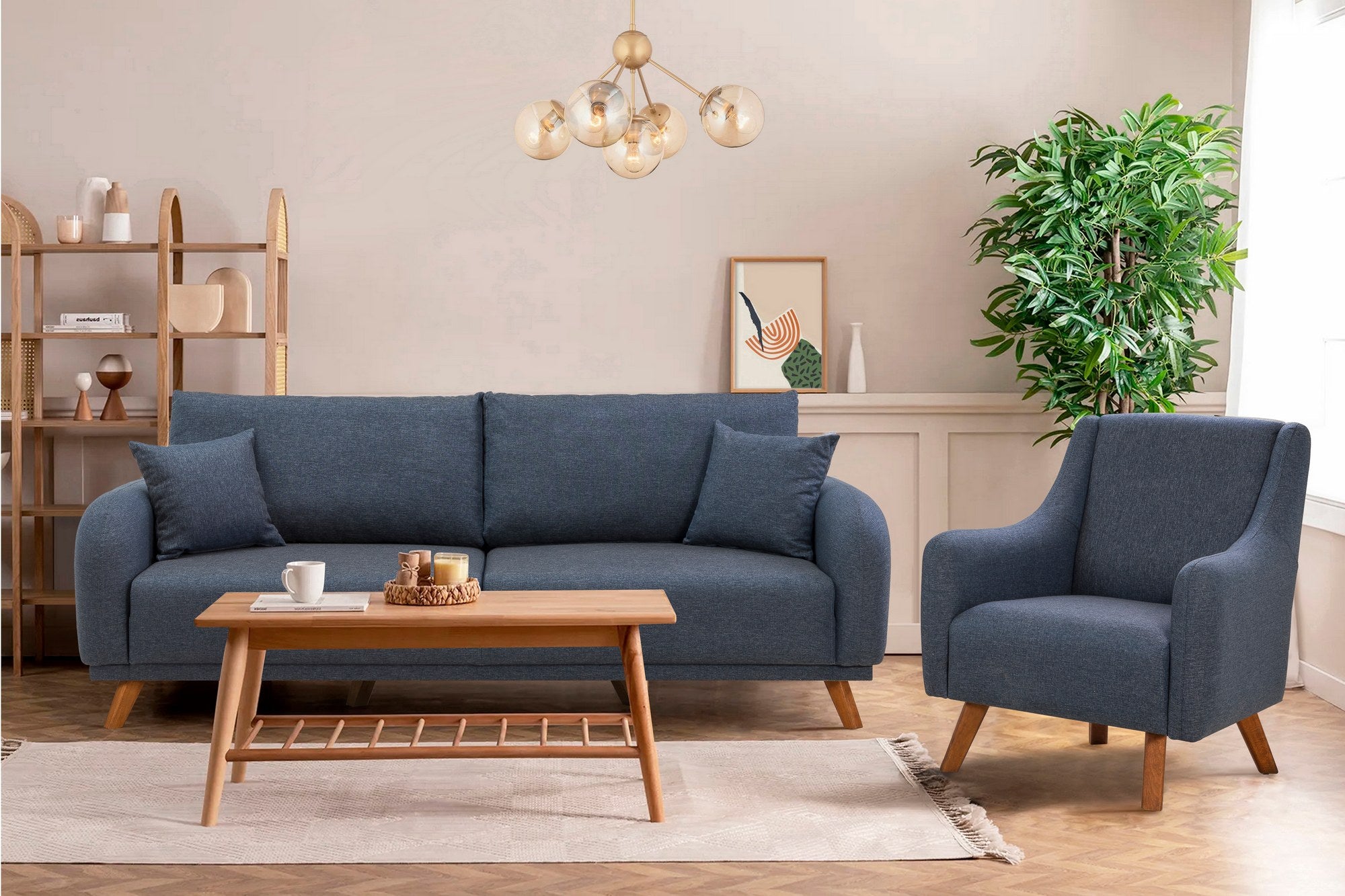 Conjunto de sofá-cama elegante azul-escuro, estrutura de madeira de faia, tecido 100% linho, sofá de 3 lugares (237 cm) e poltrona (81 cm) | Confortável e elegante para uma vida moderna