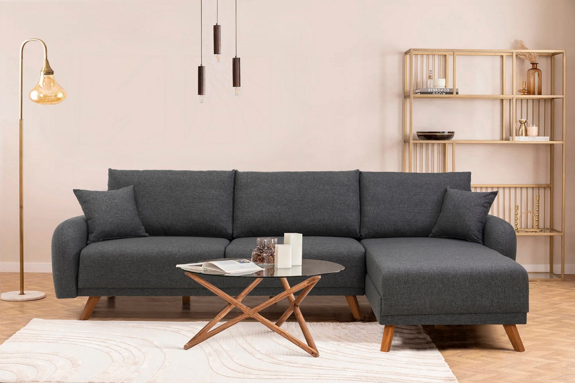 Sofá-cama de canto versátil, antracite, 237 x 90 x 185 cm | Estrutura em madeira de faia, tecido 100% linho, espuma 35 DNS | Configuração para destros/esquerdos, elegante e funcional
