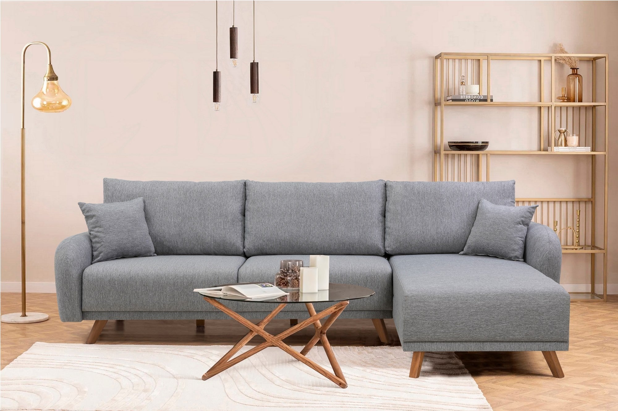 Sofá-cama de canto elegante, cinza, estrutura de madeira de faia, tecido 100% linho, espuma DNS 35, 237 x 90 x 185 cm | Configuração versátil esquerda/direita, perfeita para espaços modernos