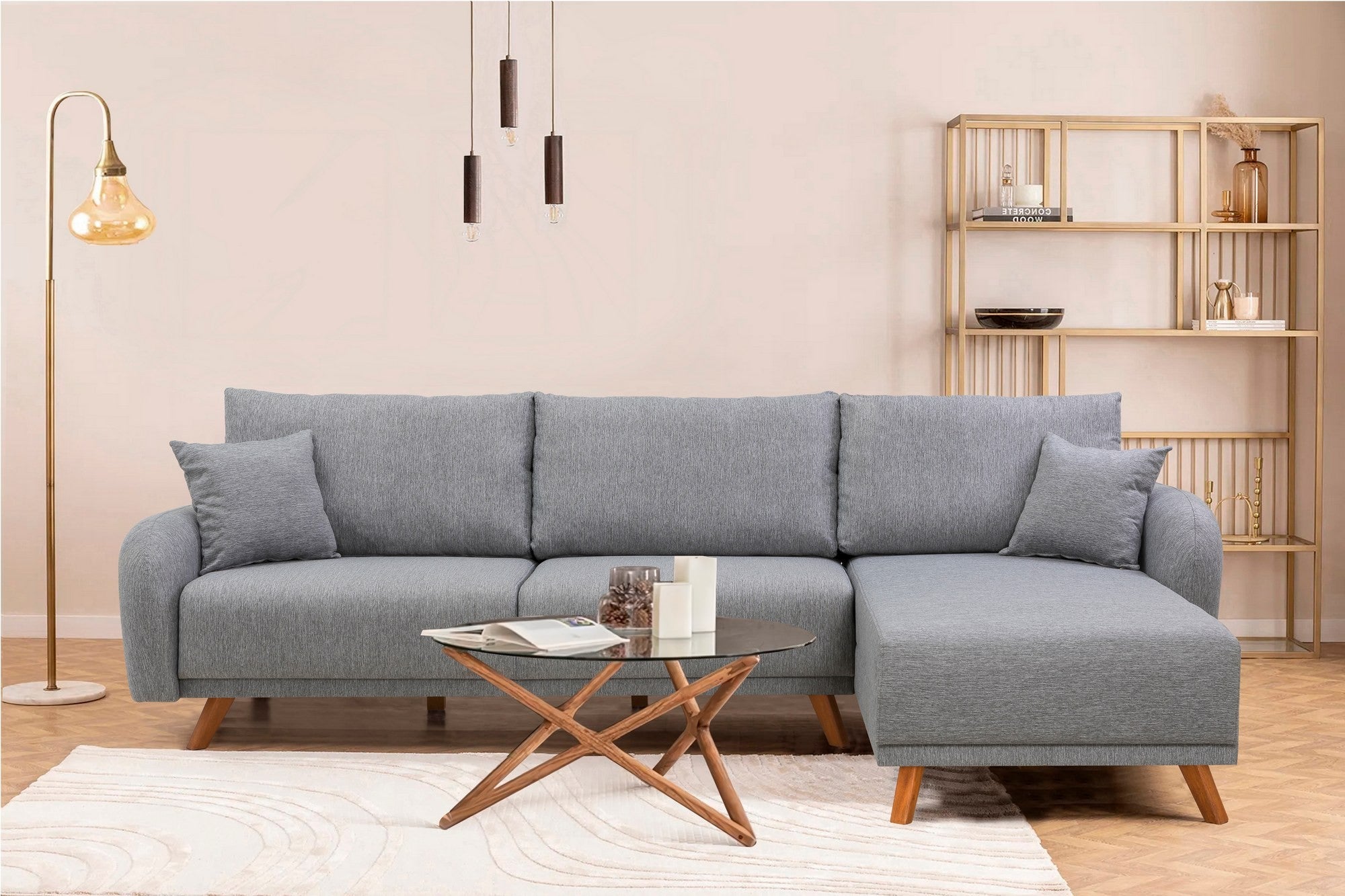 Sofá-cama de canto elegante, cinza, estrutura de madeira de faia, tecido 100% linho, espuma DNS 35, 237 x 90 x 185 cm | Configuração versátil esquerda/direita, perfeita para espaços modernos