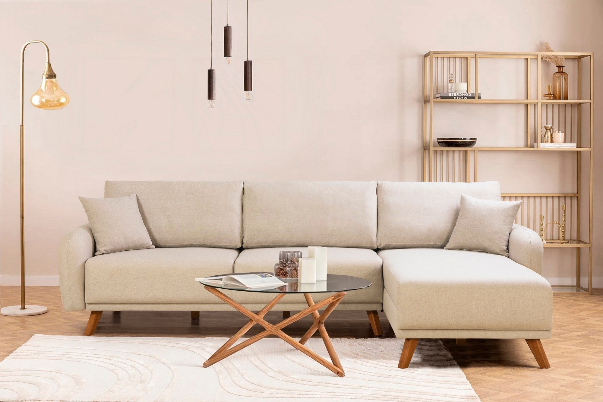 Sofá-cama de canto versátil, tecido de linho creme, estrutura de madeira de faia, 237 x 90 x 185 cm | Conforto de espuma DNS 35 | Design reversível para qualquer espaço
