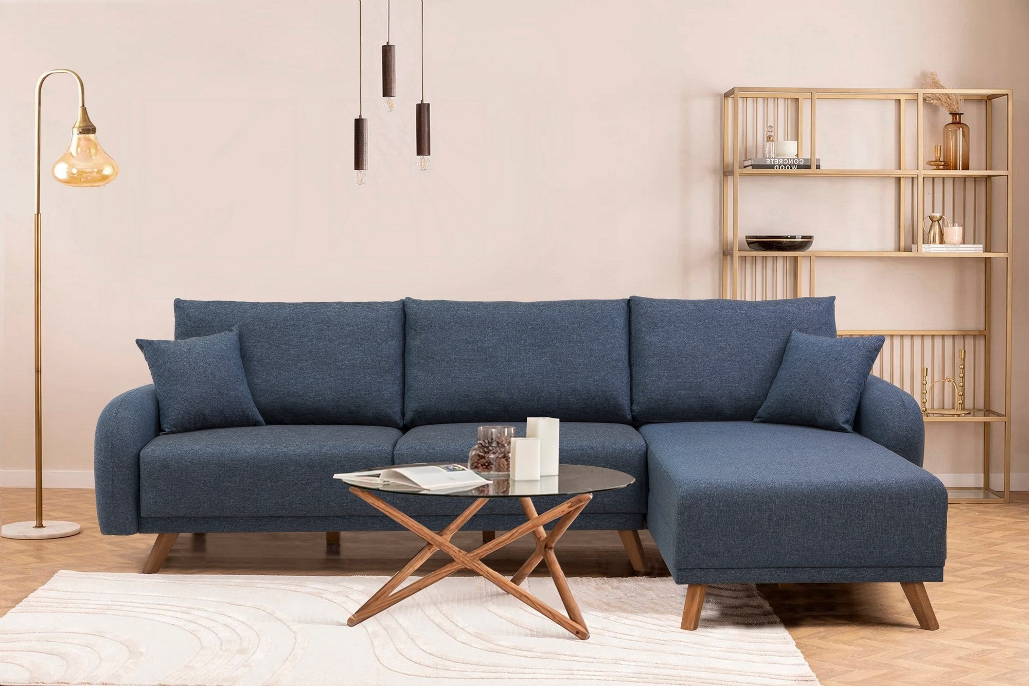 Sofá-cama de canto elegante, azul-escuro, estrutura de madeira de faia, tecido 100% linho, espuma 35 DNS, 237 x 185 cm | Configuração versátil esquerda/direita, perfeita para espaços modernos