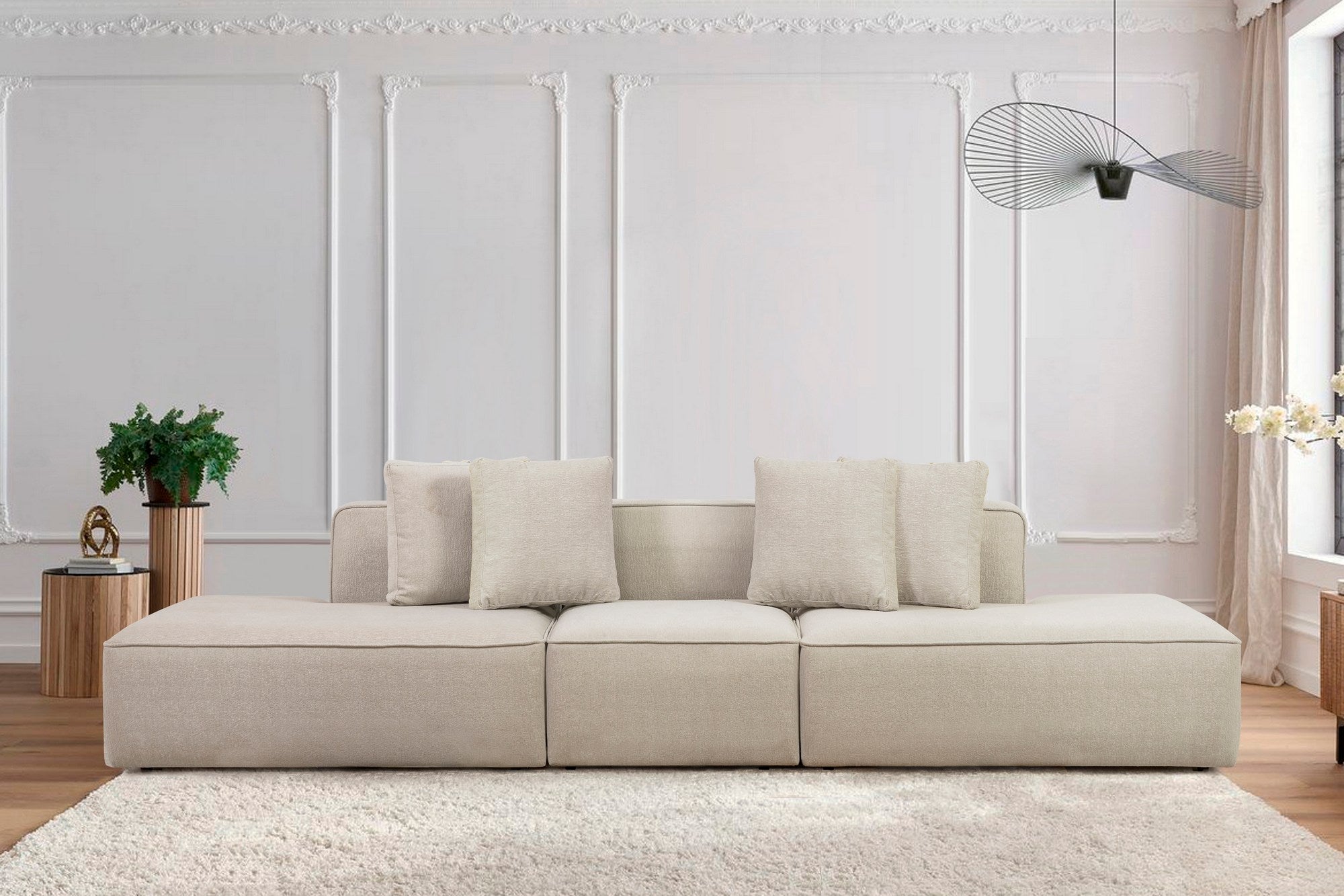 Sofá de canto elegante em tom creme, 310 cm | Tecido com textura macia, estrutura em faia e abeto, 30 almofadas de espuma DNS | Perfeito para salas de estar modernas e para relaxar