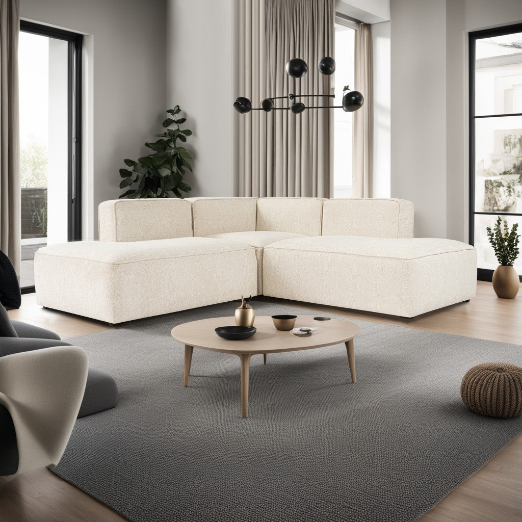 Sofá de canto elegante em tom creme, 210 cm | Tecido com textura macia, estrutura em faia e abeto, 30 almofadas de espuma DNS | Perfeito para salas de estar modernas e para relaxar