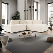 Sofá de canto elegante em tom creme, 210 cm | Tecido com textura macia, estrutura em faia e abeto, 30 almofadas de espuma DNS | Perfeito para salas de estar modernas e para relaxar