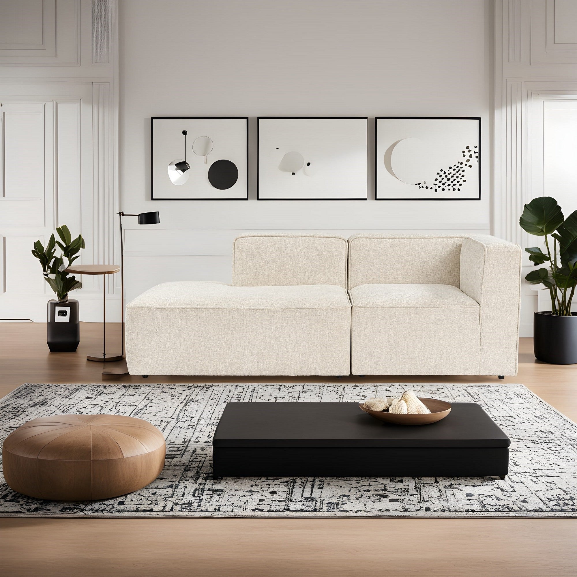Sofá de canto elegante em tom creme, 210 cm | Tecido com textura macia, estrutura em faia e abeto, 30 almofadas de espuma DNS | Perfeito para salas de estar modernas e para relaxar