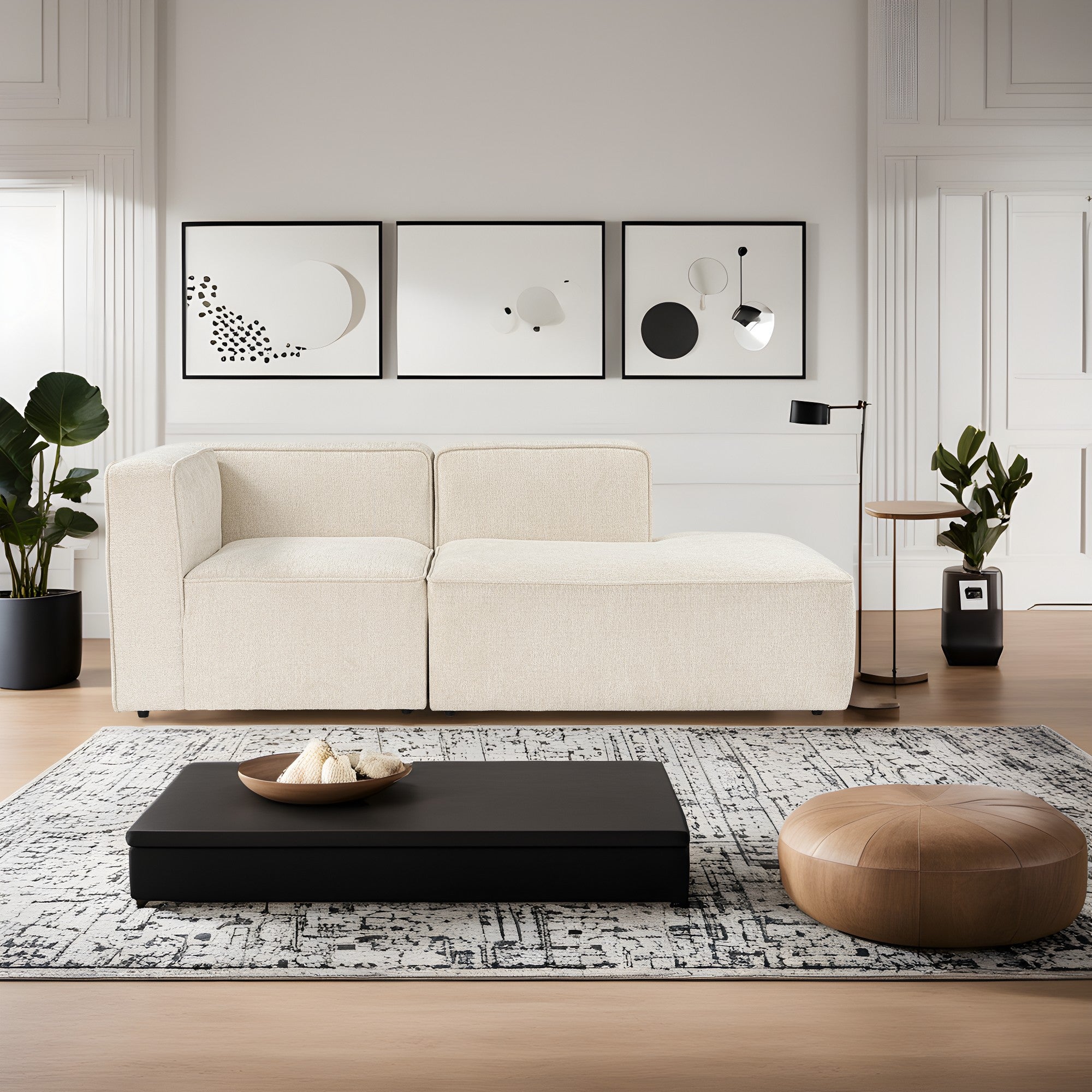 Sofá de canto elegante em tom creme, 210 cm | Tecido com textura macia, estrutura em faia e abeto, 30 almofadas de espuma DNS | Perfeito para salas de estar modernas e para relaxar