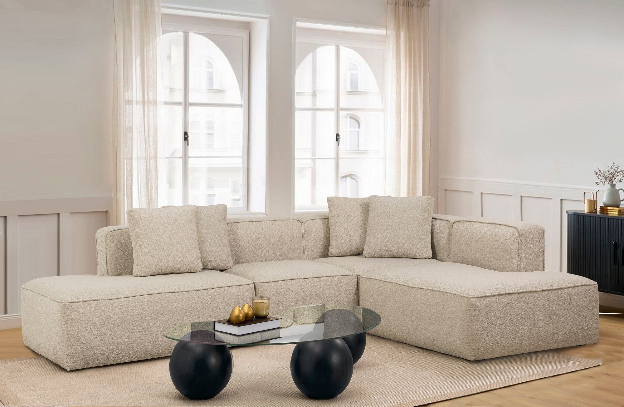 Sofá de Canto Cappuccino, Tecido de Textura Macia, Estrutura em Faia e Abeto, 140 x 90 x 69 cm | 30 Almofadas de Espuma DNS | Elegante e Confortável para Espaços Modernos