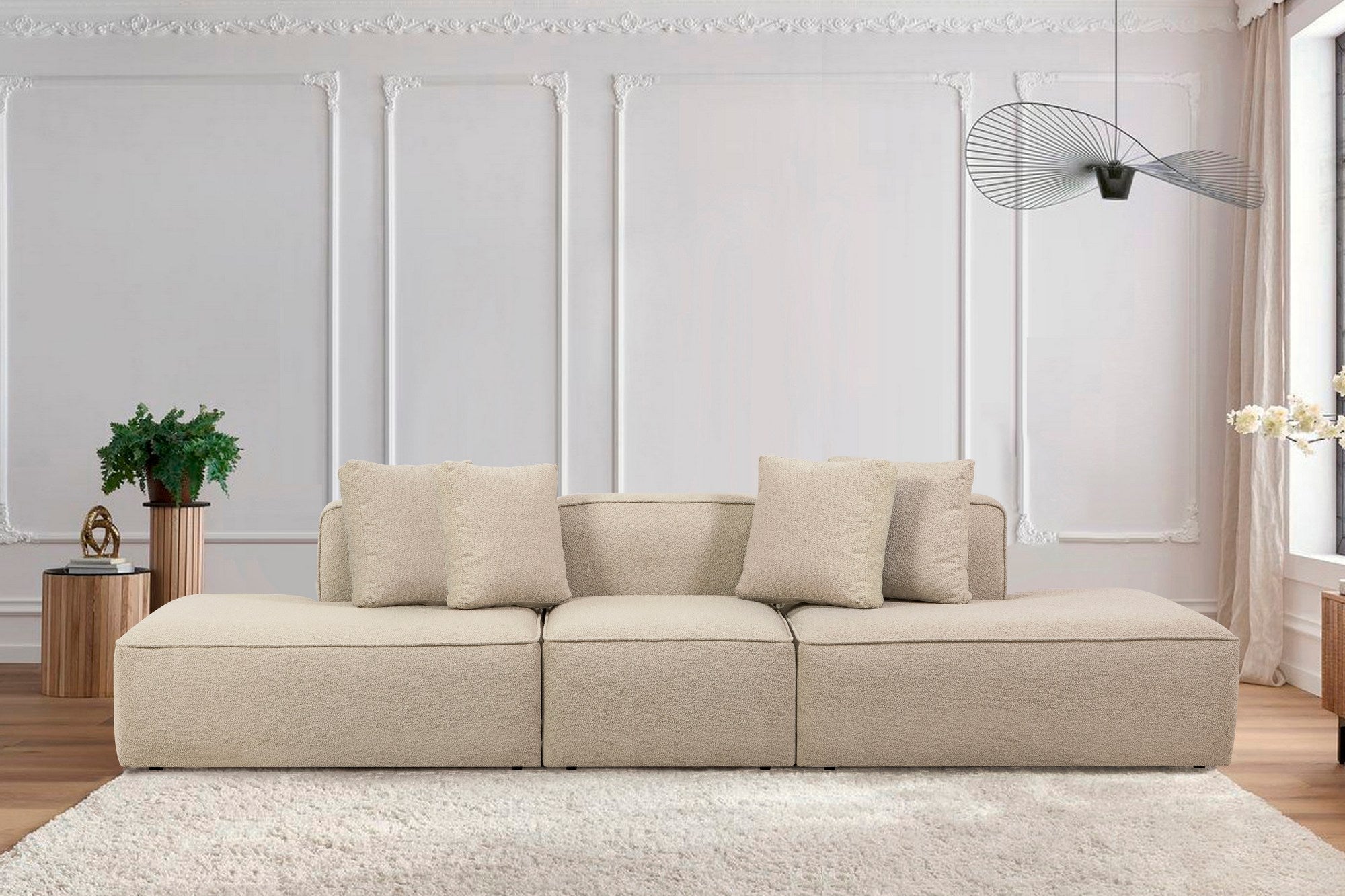 Sofá de Canto Cappuccino, 310 cm | Tecido de Textura Macia, Estrutura de Faia e Abeto, 30 Almofadas de Espuma DNS | Elegante e Confortável para Espaços Modernos