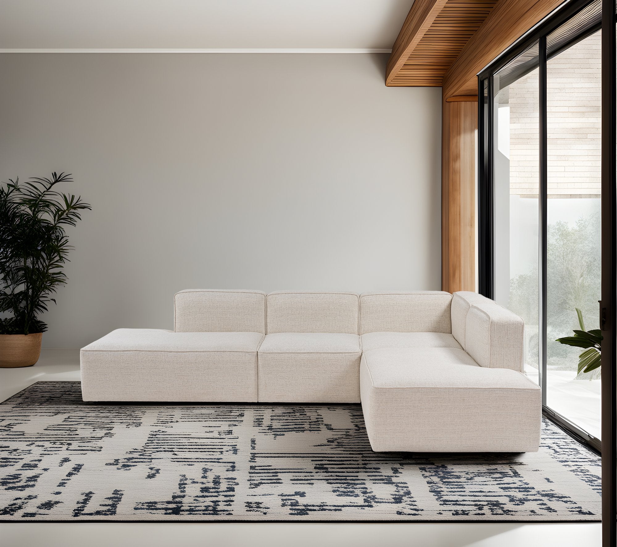 Sofá de canto branco elegante, 280 cm | Tecido de textura macia, estrutura de faia e abeto, 30 almofadas de espuma DNS | Perfeito para salas de estar modernas e relaxamento
