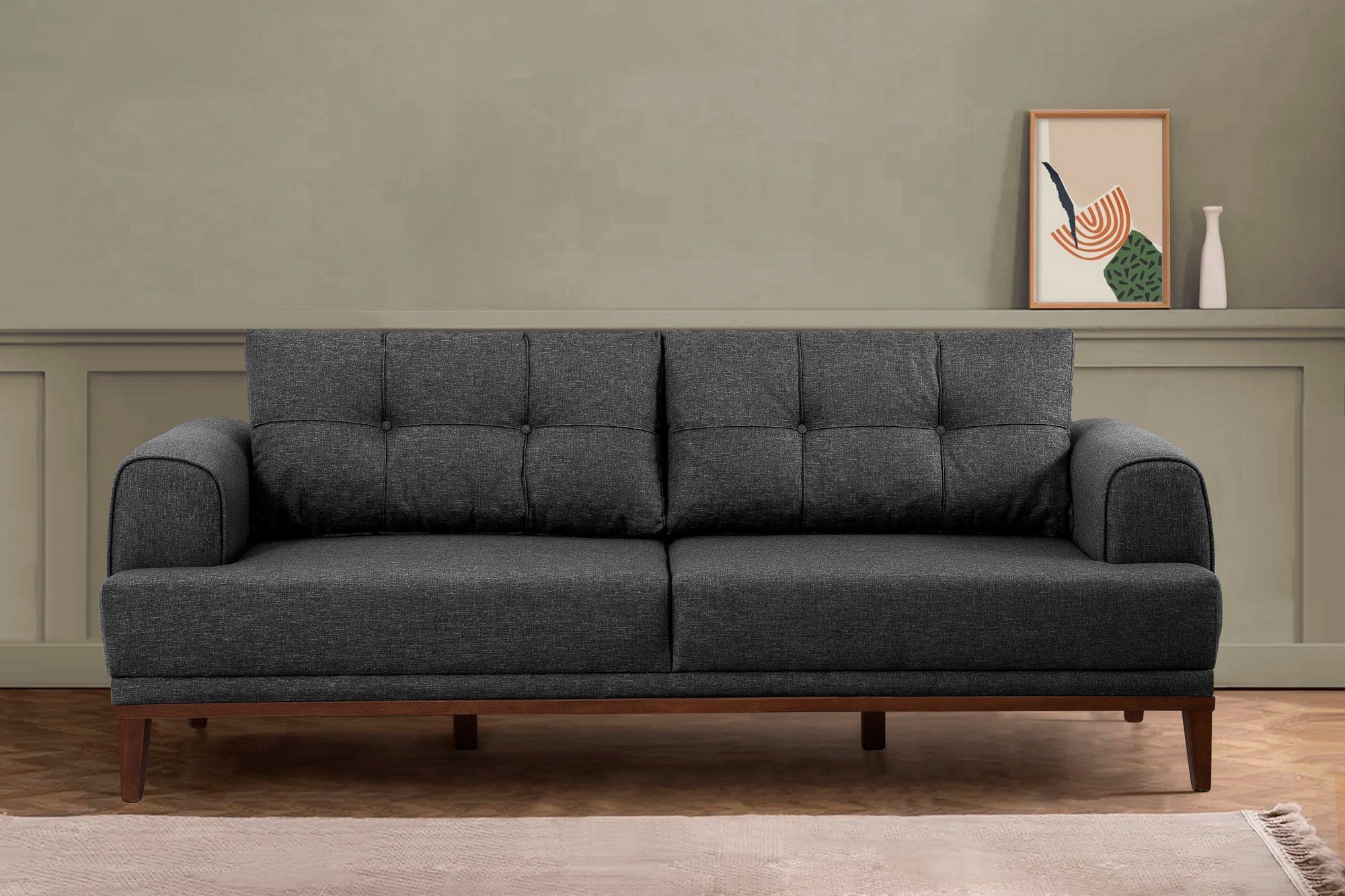 Sofá elegante de 3 lugares, antracite e nogueira, 223 x 82 x 94 cm | Estrutura durável de madeira de carpa e abeto, 100% poliéster, conforto de espuma macia | Perfeito para salas de estar modernas