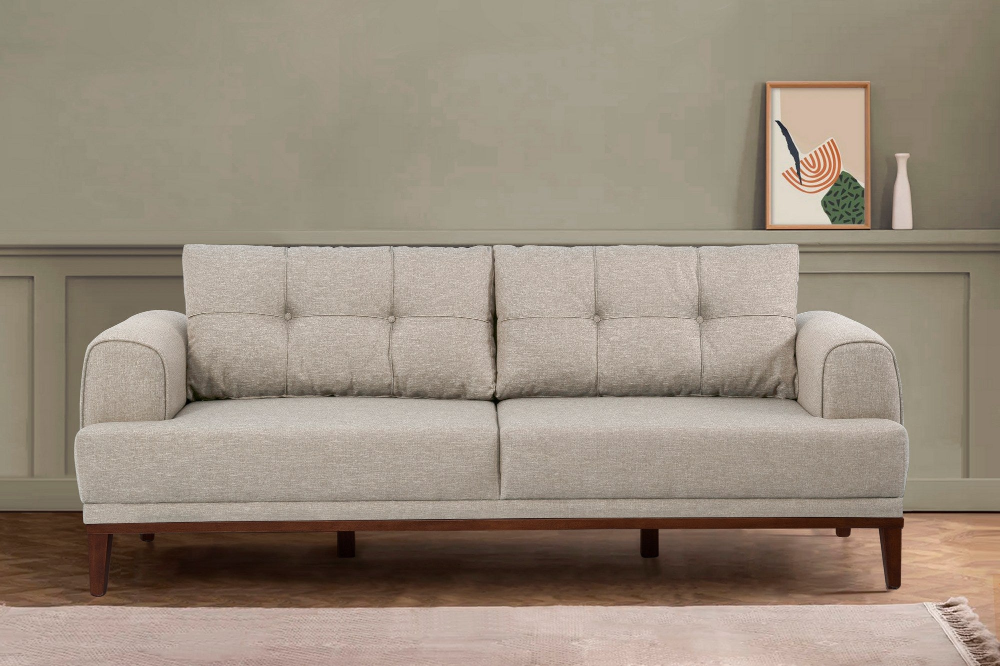 Sofá elegante de 3 lugares, creme e nogueira, 223 x 82 x 94 cm | Estrutura durável de madeira de carpa e abeto, 100% poliéster, conforto de espuma macia | Perfeito para salas de estar modernas