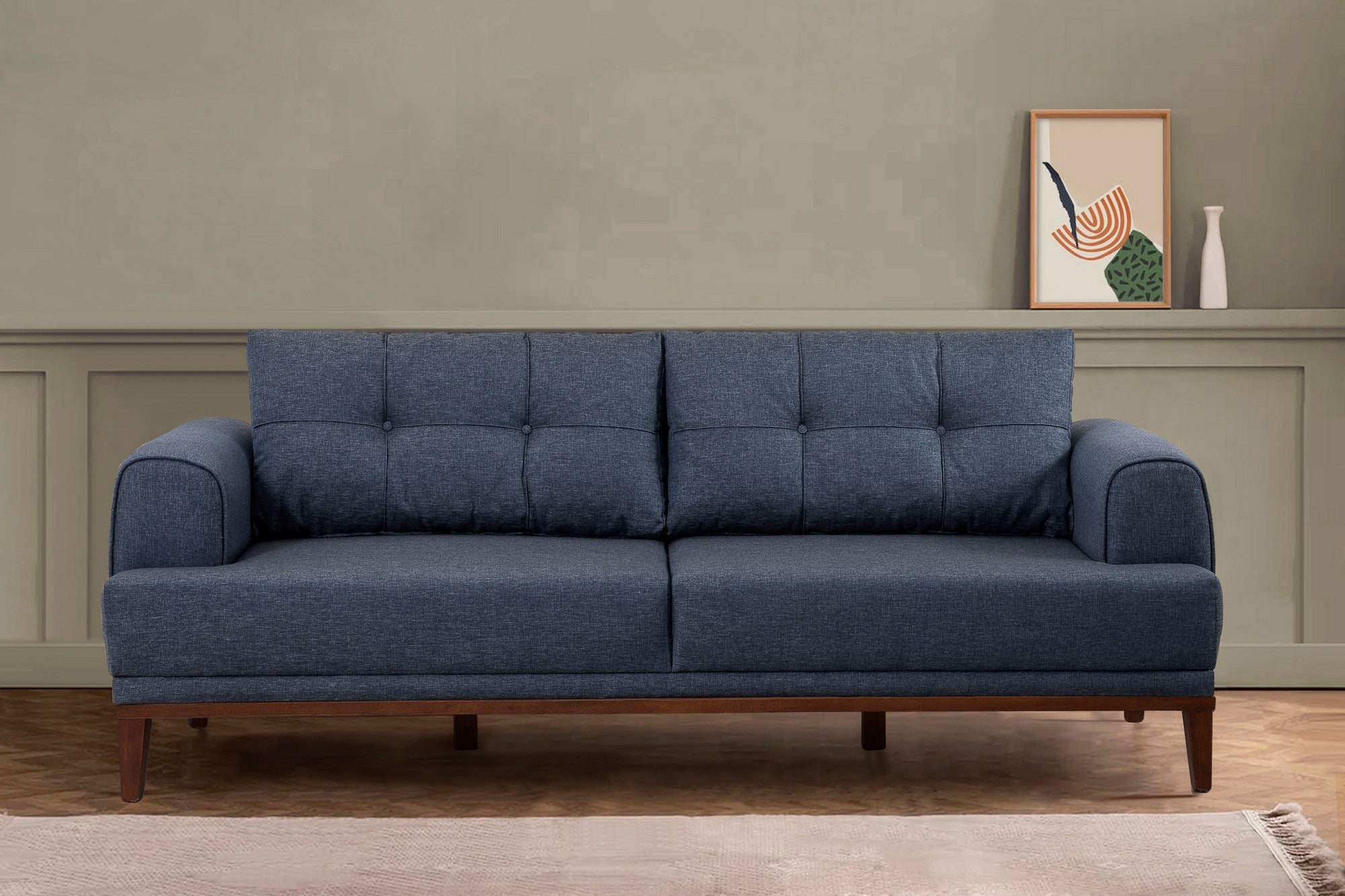 Sofá elegante de 3 lugares, azul-escuro e nogueira, 223 x 82 x 94 cm | Estrutura em madeira de carvalho e abeto, 100% poliéster, espuma macia | Perfeito para salas de estar modernas
