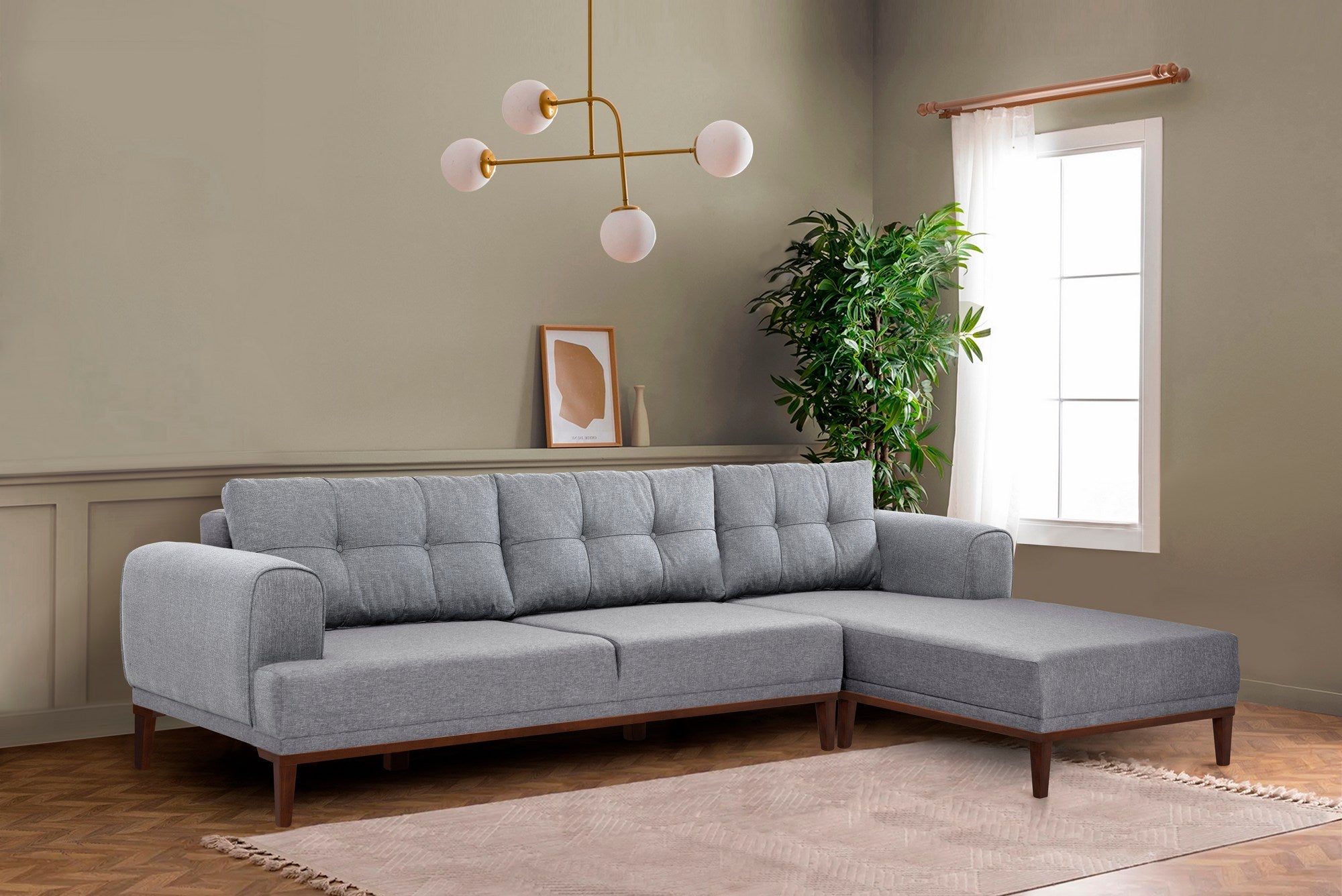 Sofá de canto elegante, cinza e nogueira, 295 x 179 x 82 cm | Estrutura em madeira de nogueira e abeto, 100% poliéster, assento em espuma macia | Perfeito para salas de estar modernas