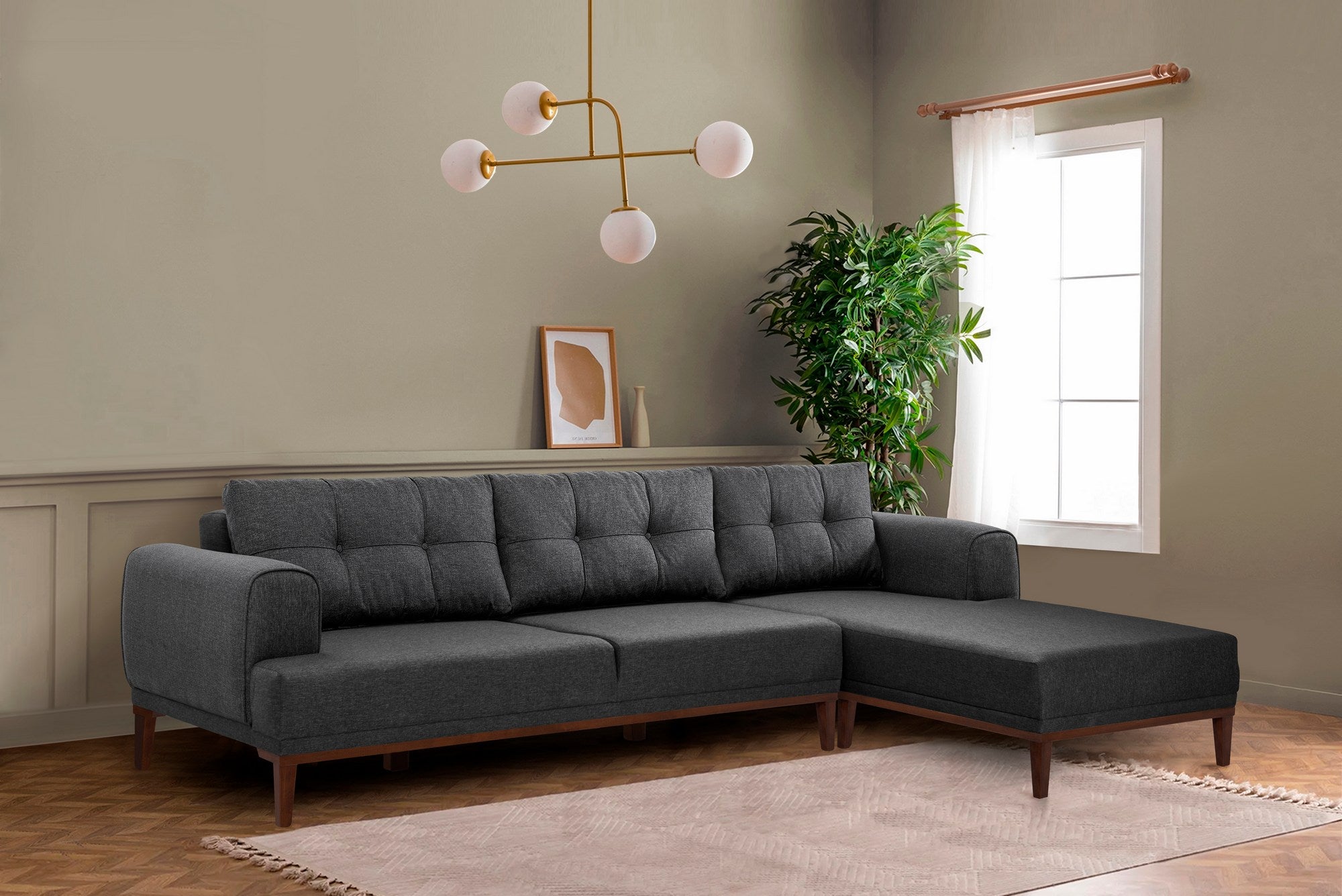 Sofá de canto elegante, antracite e nogueira, 295 x 179 x 82 cm | Estrutura durável em madeira de carpa e abeto, 100% poliéster, assentos de espuma macia | Perfeito para salas de estar modernas