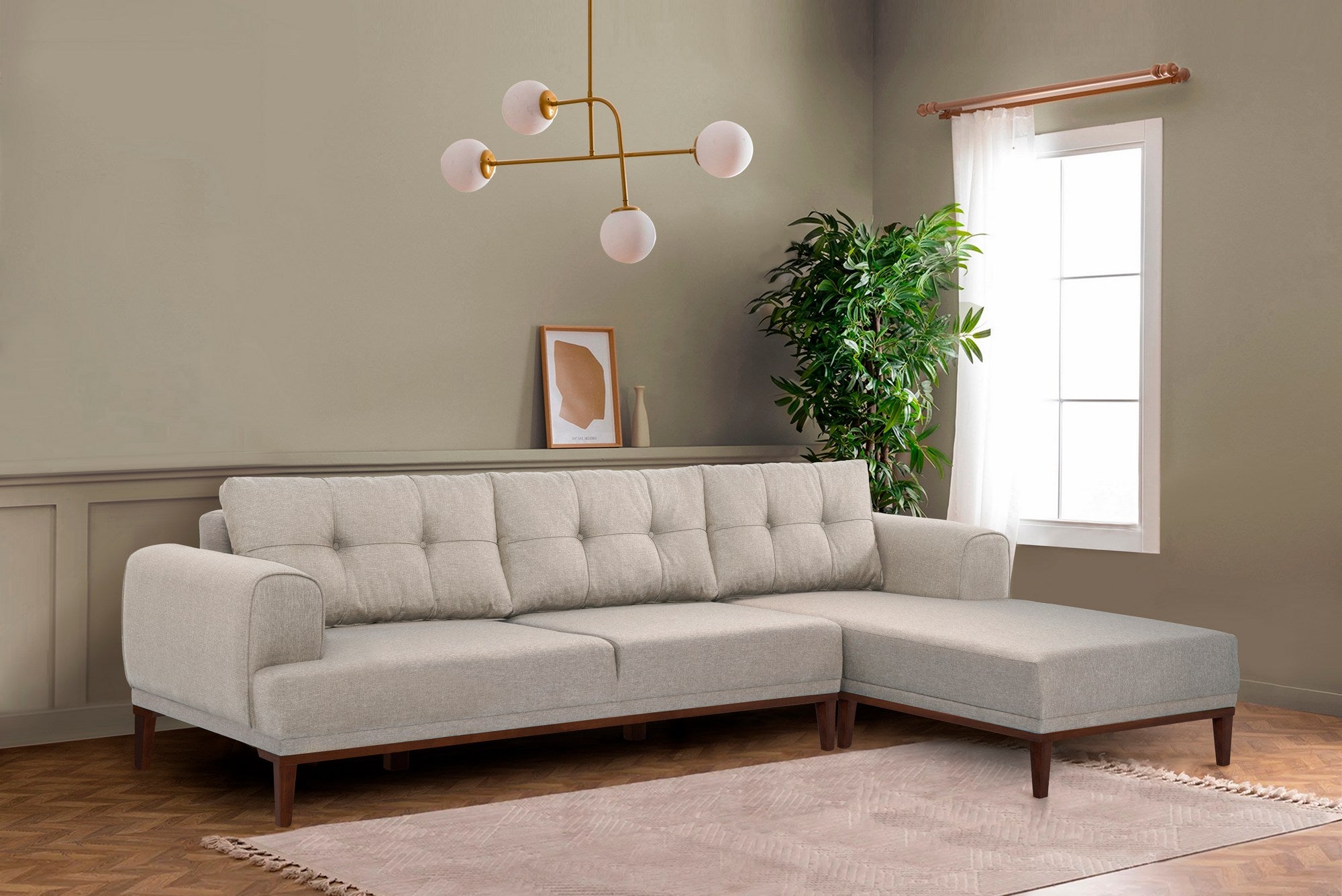 Sofá de canto elegante, creme e nogueira, 295 x 179 x 82 cm | Estrutura de madeira hornbeam e abeto, 100% poliéster, assento de espuma macia | Perfeito para salas de estar modernas
