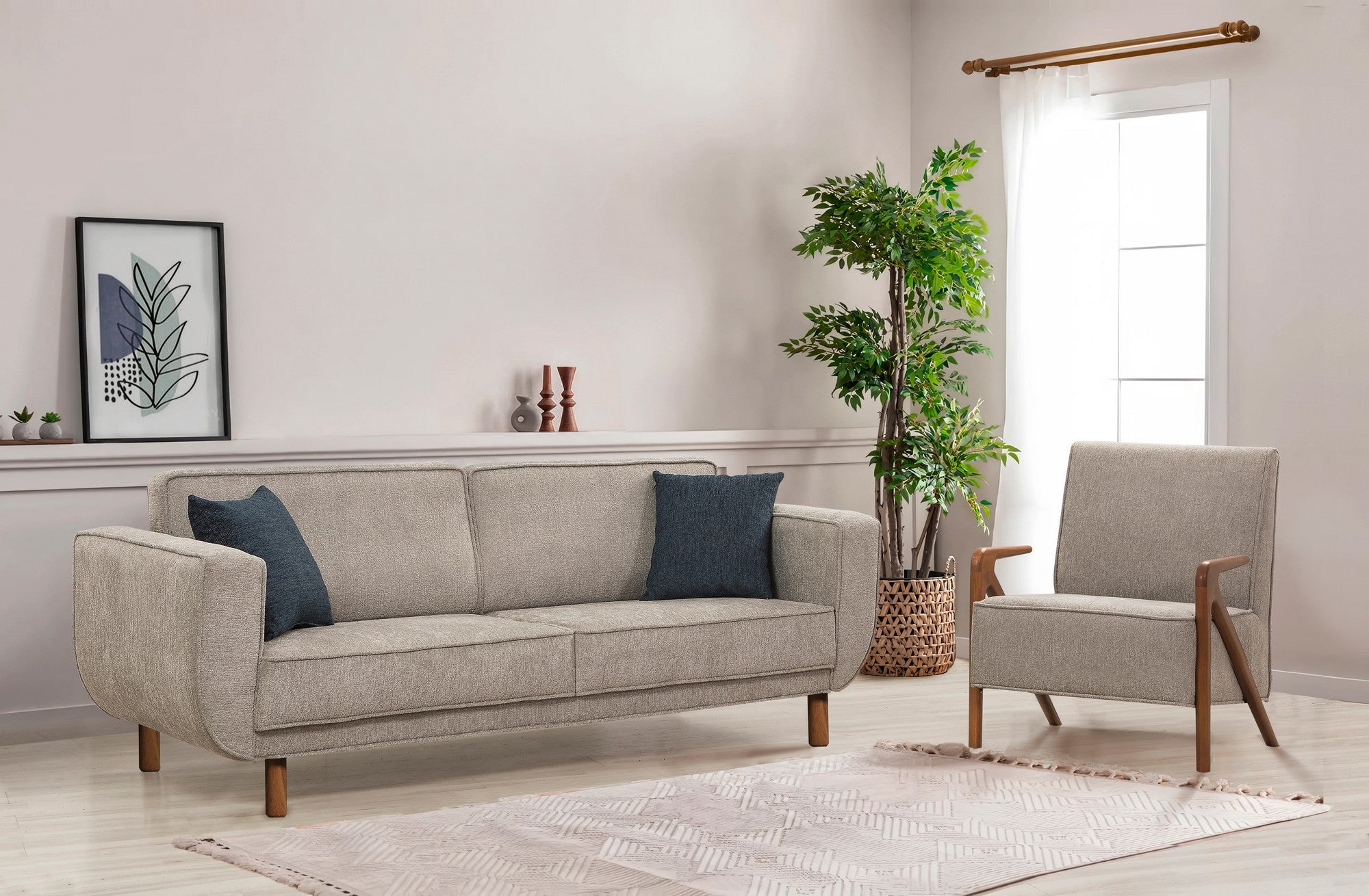 Conjunto de sofá-cama elegante, nogueira e cinza, 223 cm | Estrutura de madeira de faia, almofadas de espuma macia, pernas de madeira | Perfeito para salas de estar modernas e quartos de hóspedes