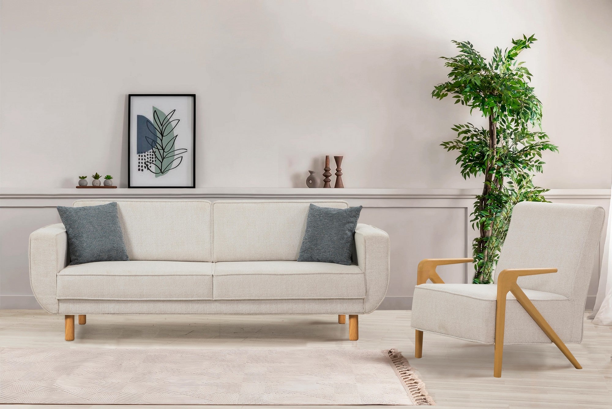 Conjunto de sofá-cama elegante, carvalho e creme, estrutura de madeira de faia, 223 cm | 70% poliéster, 30% algodão | Espuma confortável de 35 DNS, perfeita para espaços modernos