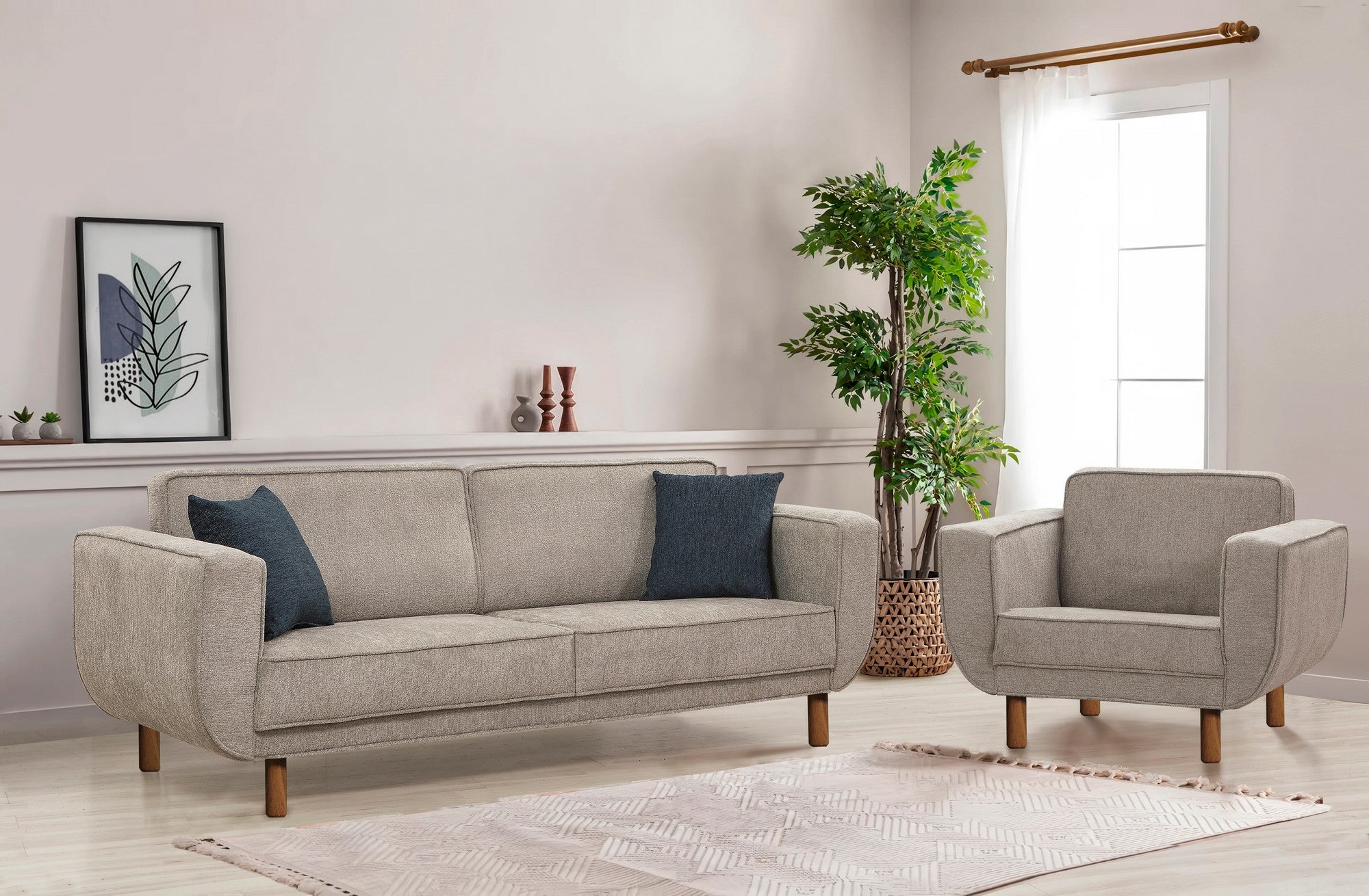 Conjunto de sofá-cama elegante, nogueira e cinza, 223 cm | Estrutura de madeira de faia, almofadas de espuma macia, pernas de madeira | Perfeito para salas de estar modernas e quartos de hóspedes