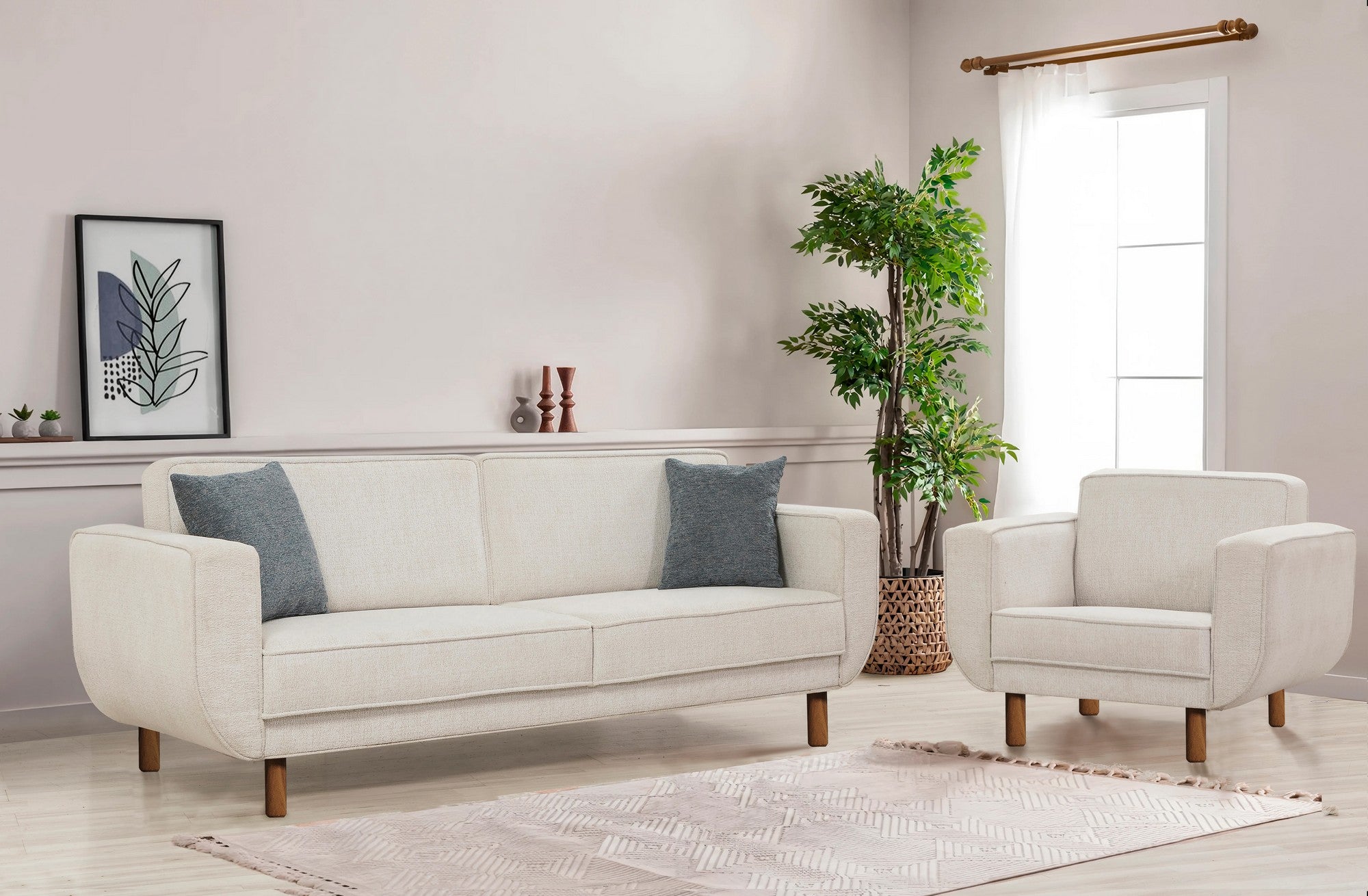 Conjunto de sofá-cama elegante, nogueira e creme, estrutura de madeira de faia, 223 cm | 70% poliéster, 30% algodão, espuma macia e confortável | Perfeito para espaços de convivência modernos