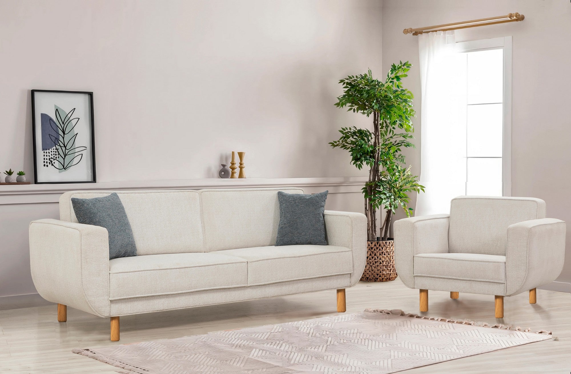 Conjunto de sofá-cama elegante, carvalho e creme, estrutura de madeira de faia, 223 cm | 70% poliéster, 30% algodão | Conforto de espuma macia, perfeito para espaços de estar modernos