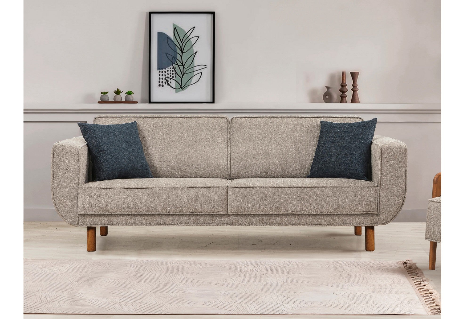 Sofá-cama elegante de 3 lugares, nogueira e cinza, 223 cm | Estrutura de madeira de faia, almofadas de espuma macia, pernas de madeira | Perfeito para sala de estar e quarto de hóspedes