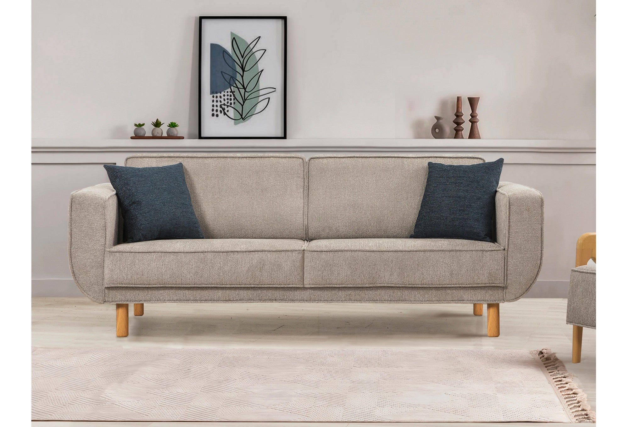 Sofá-cama elegante de 3 lugares, carvalho e cinza, 223 cm | Estrutura de madeira de faia, almofadas de espuma macia, pernas de madeira | Perfeito para o conforto de salas de estar e quartos de hóspedes