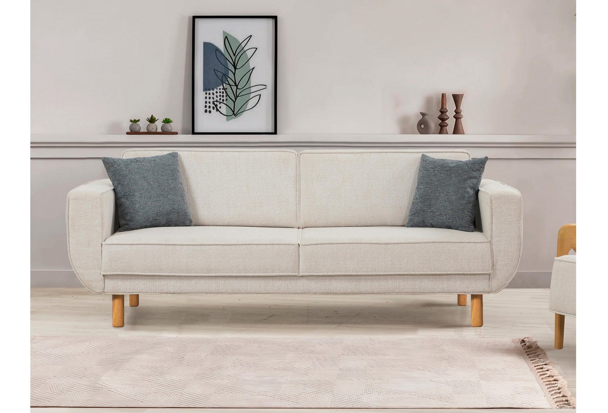 Sofá-cama elegante de 3 lugares, carvalho e creme, 223 x 81 x 92 cm | Estrutura de madeira de faia, conforto de espuma macia, perfeito para sala de estar e espaços de hóspedes