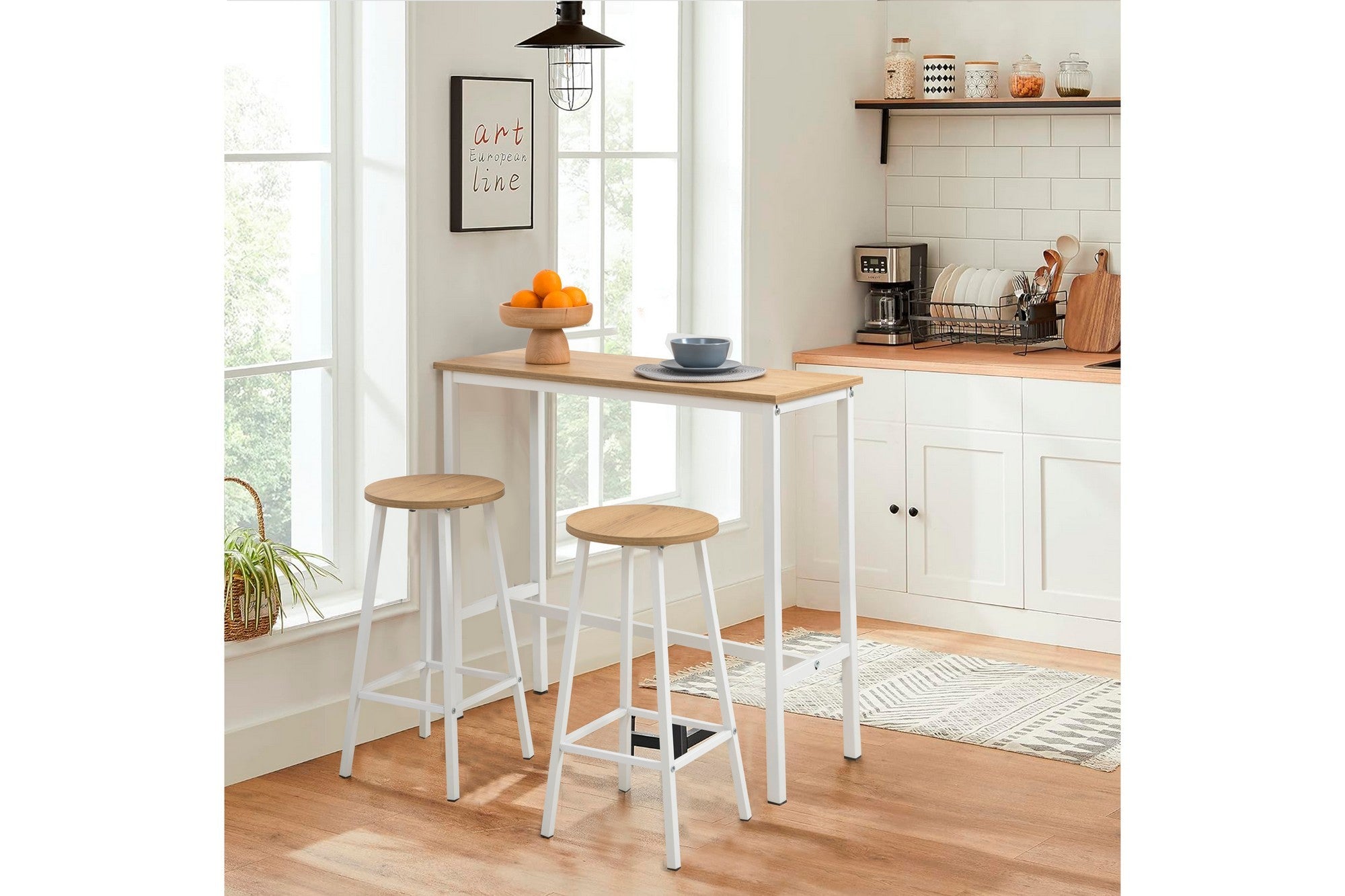 Conjunto de mesa e banco de bar (3 peças) – 100 cm largura, 90 cm altura, 40 cm profundidade – Branco – Aglomerado e metal