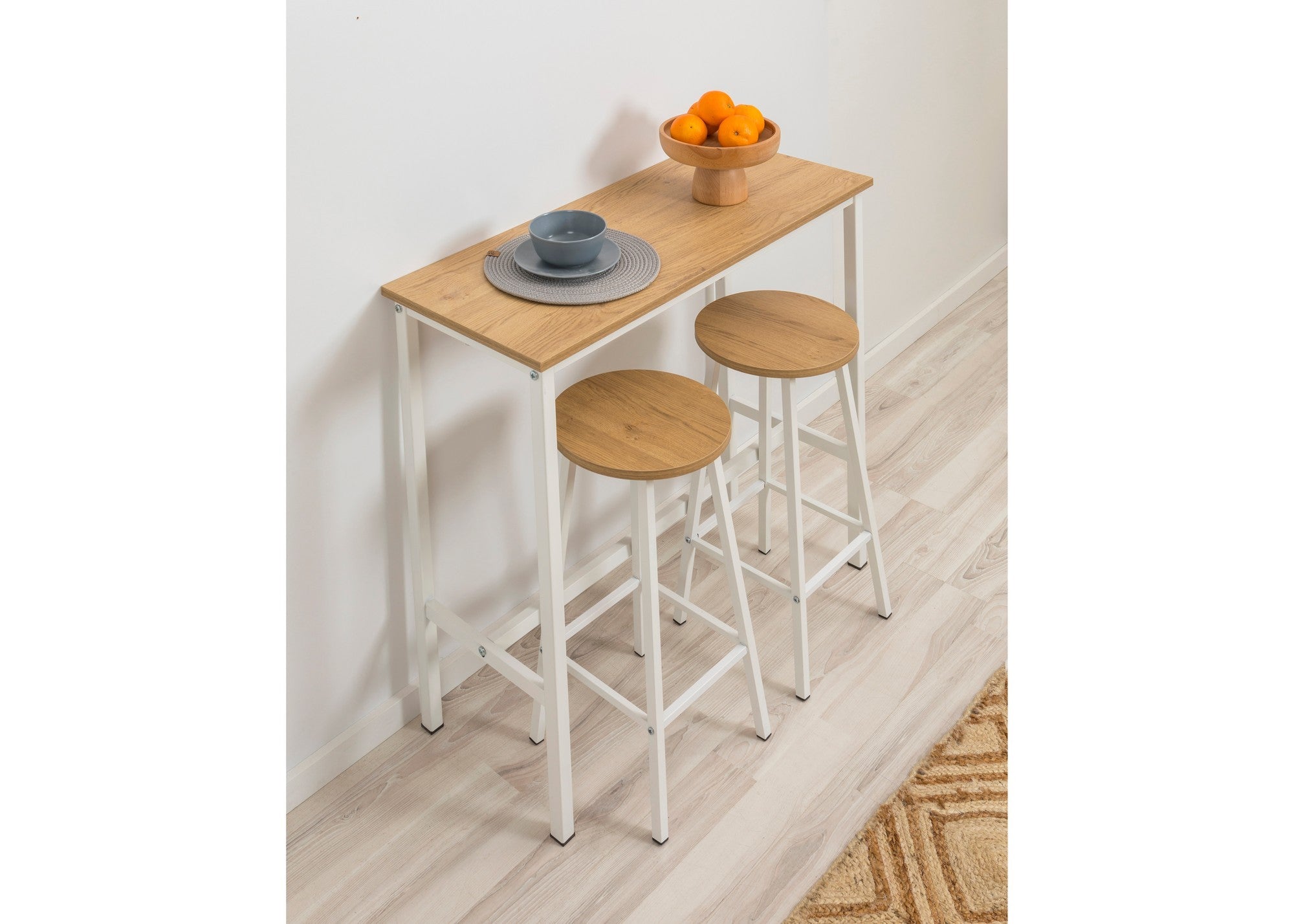 Conjunto de mesa e banco de bar (3 peças) – 100 cm largura, 90 cm altura, 40 cm profundidade – Branco – Aglomerado e metal