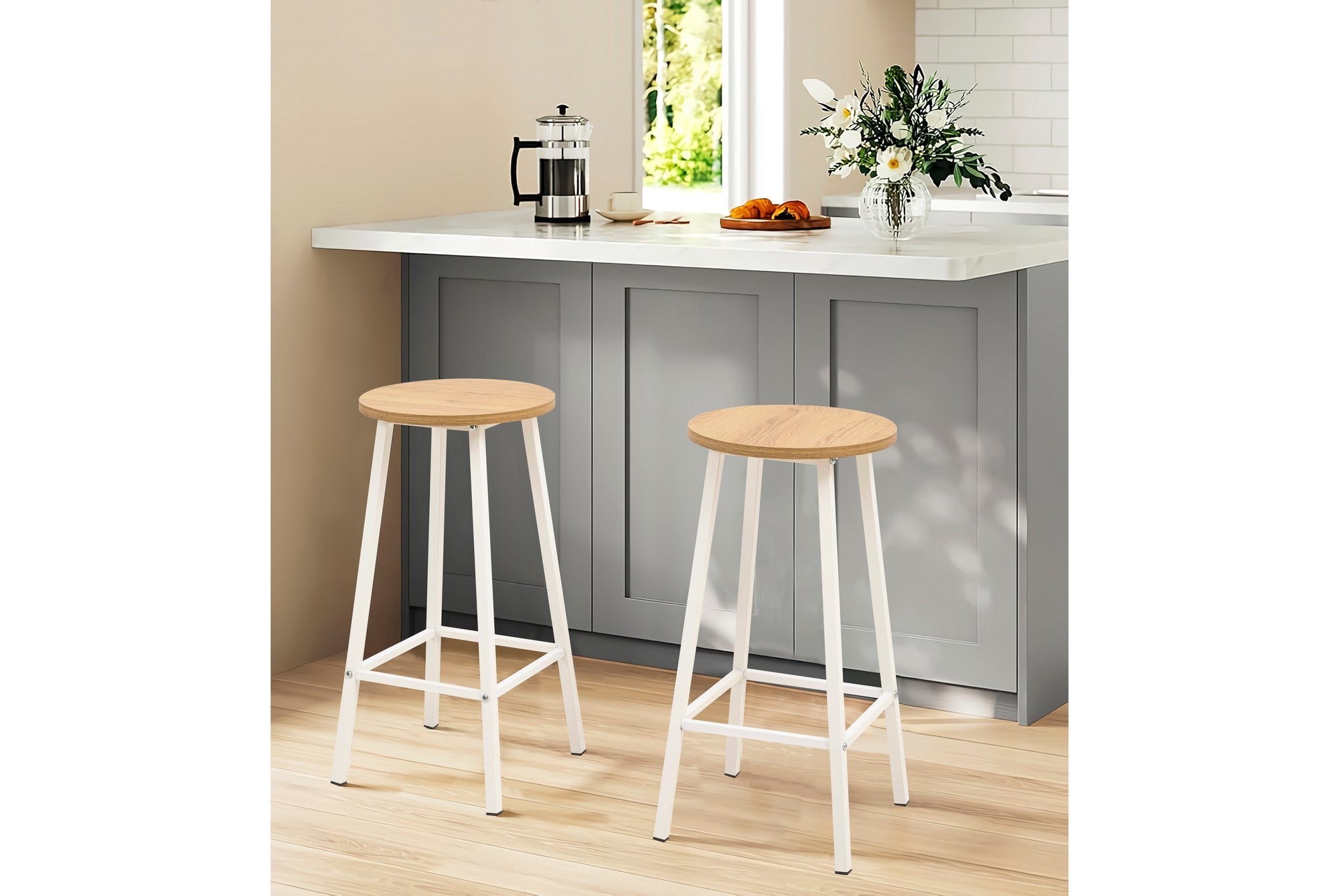 Conjunto de mesa e banco de bar (3 peças) – 100 cm largura, 90 cm altura, 40 cm profundidade – Branco – Aglomerado e metal