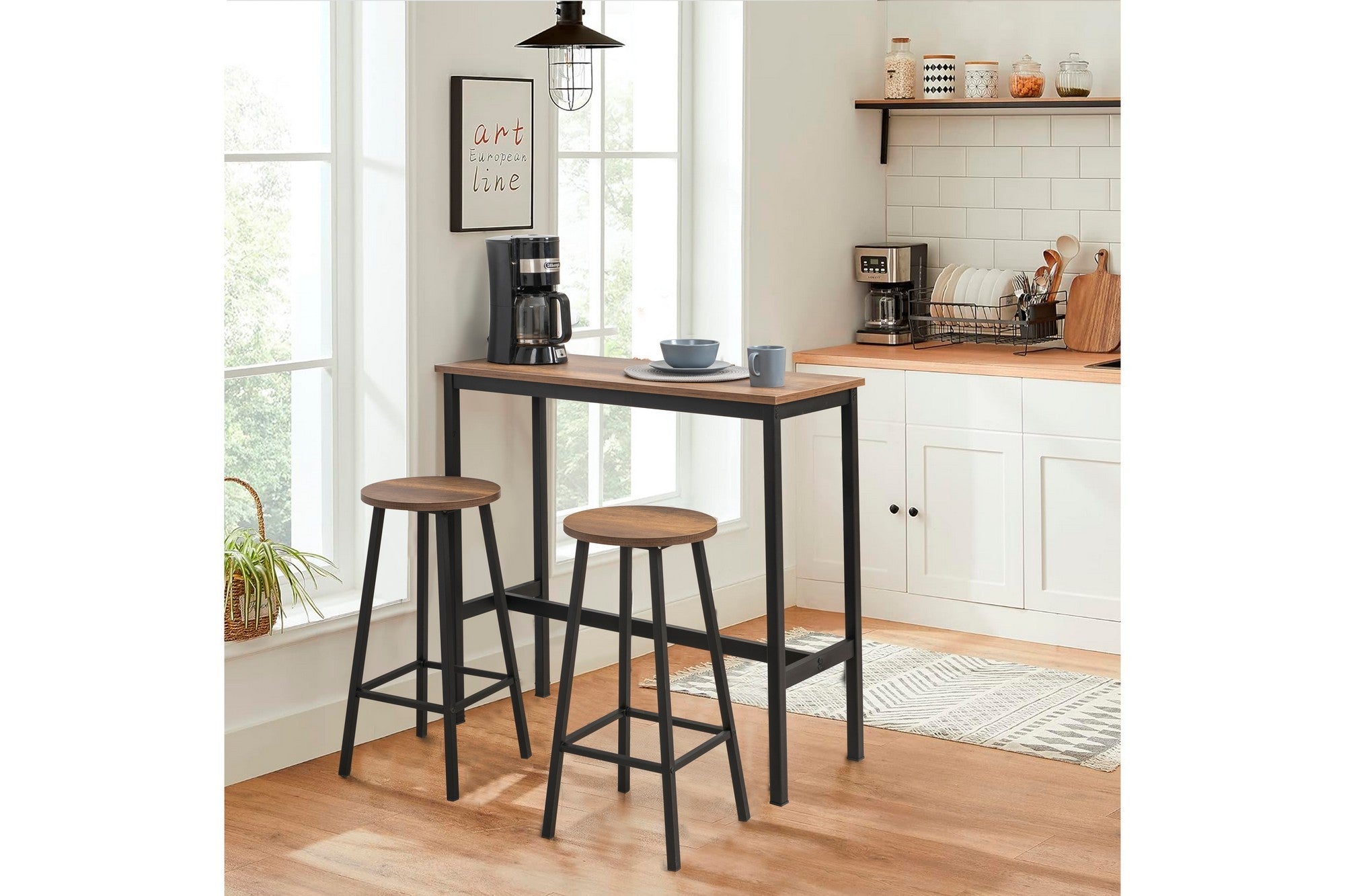 Conjunto de mesa de bar e banco (3 peças) – 100 cm x 90 cm x 40 cm – Preto – Aglomerado e metal